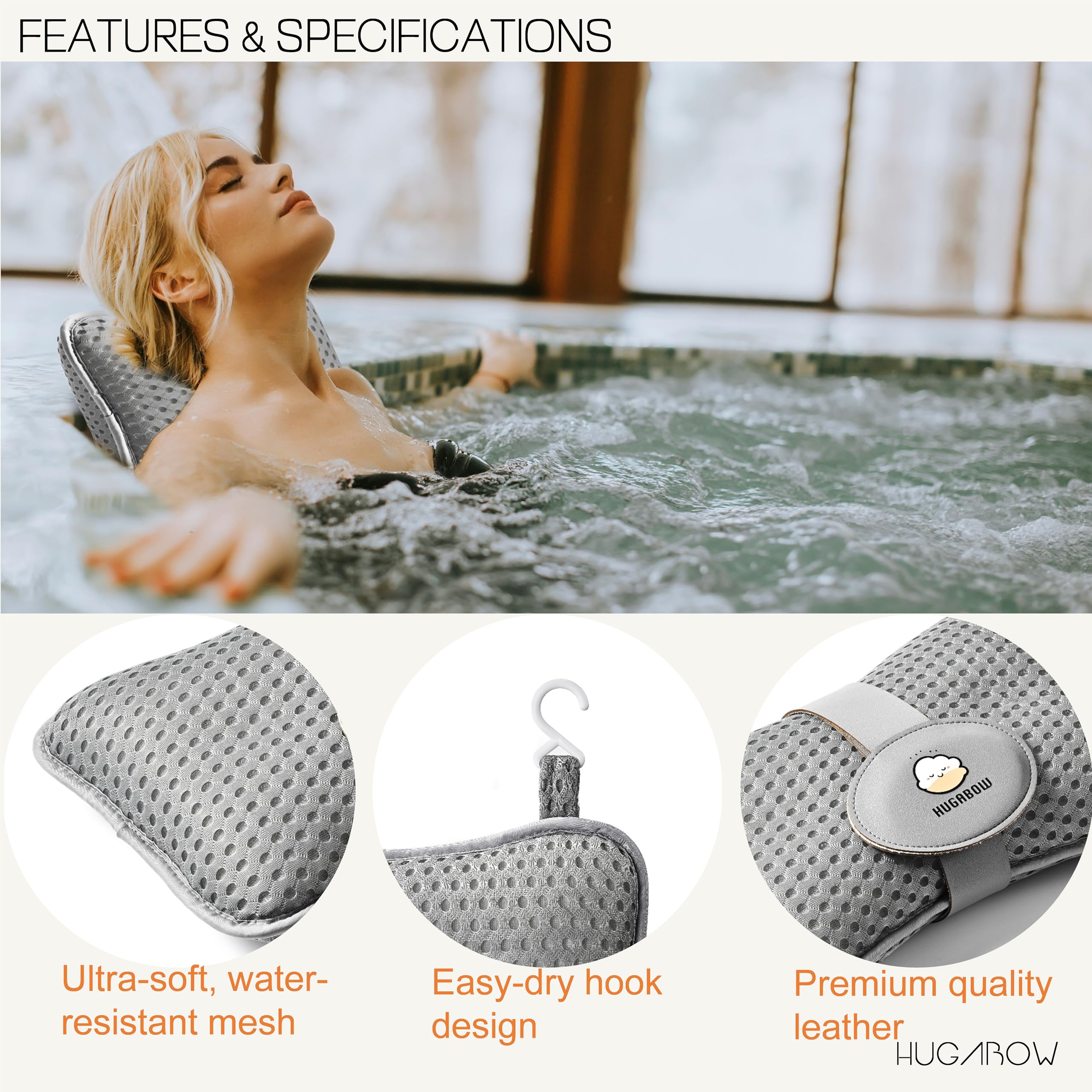 Paquete de 2 Almohadas Grandes para bañera de hidromasaje (Gris), SPA y Chaise Lounge – Cojín Universal para reposacabezas y Cuello, Altura Ajustable con Correa Larga, fácil Secado con Gancho