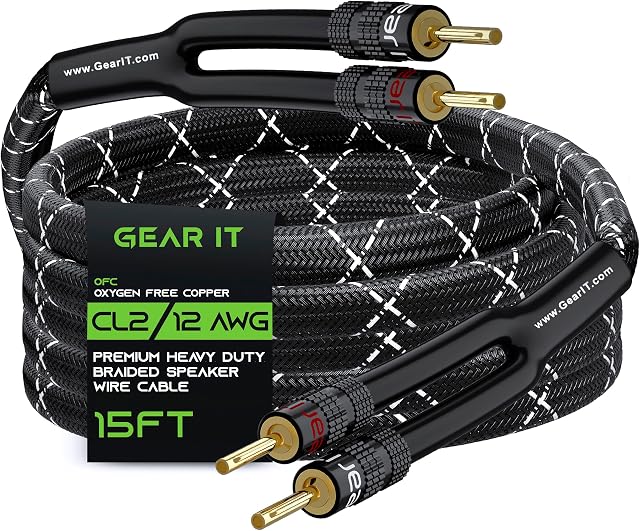 GearIT 12AWG Gauge (2 x 4mm²) Premium Heavy Duty Braided Speaker Wire (4.5 Meters / 15 Feet/Black) with Dual Gold Plated Banana Plug Tips - Oxygen-free Copper (OFC) Construction