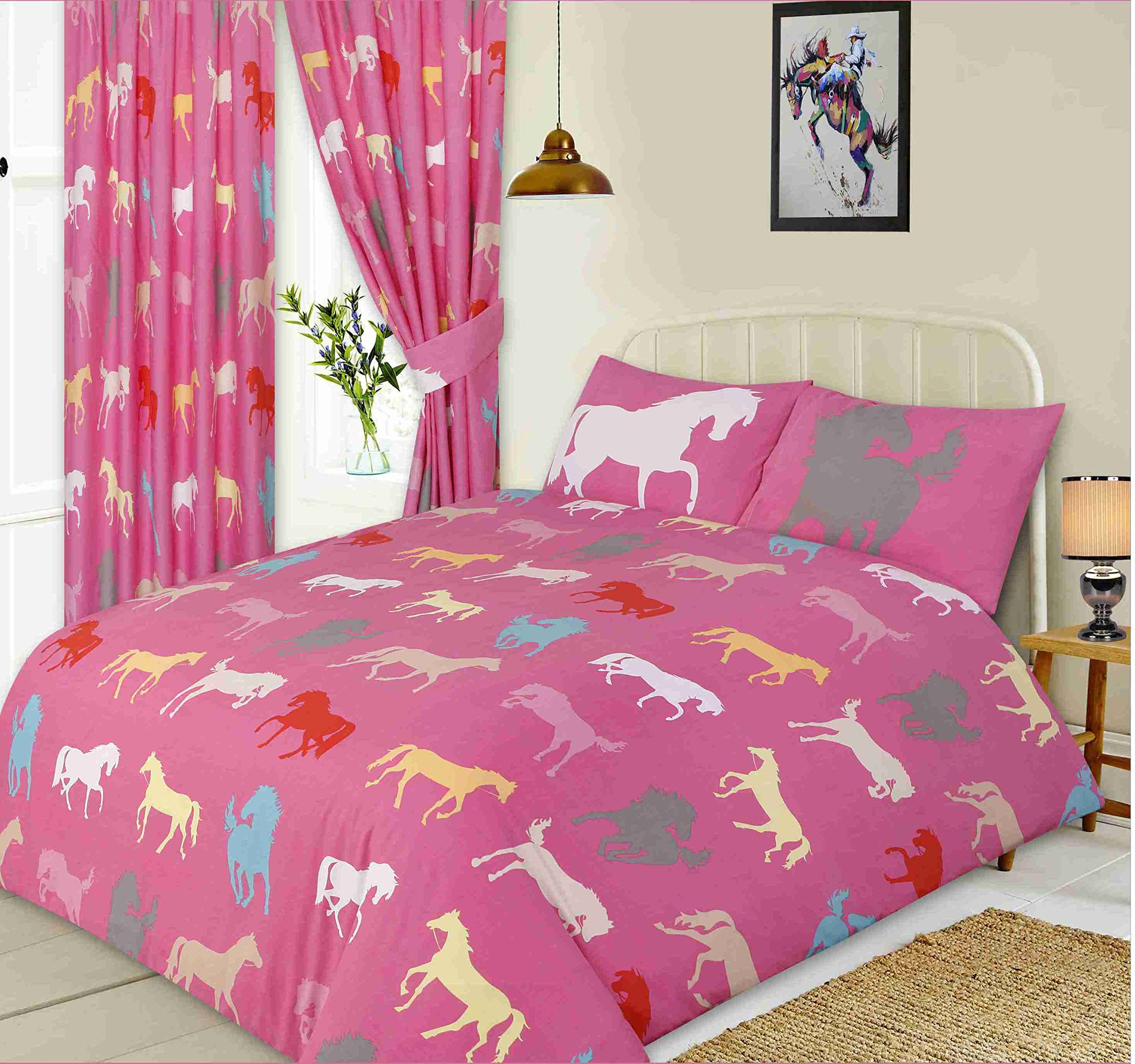 KIDZ KOLLECTIONZ Double Bed Horses Pink, Duvet/Quilt Cover Set, Novelty Kids Pony Equestrian Show Silhouette, Grey White Teal Green Blue Red