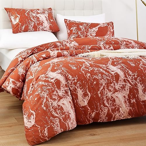 Smoofy Marble Terracotta Comforter Set Full, Marble Pattern Printed Burnt Orange Bedding Set, Soft Fabric Microfiber Full Bed Sheets Fill Full Bedding Comforter Sets(1 Comforter, 2 Pillowcases)