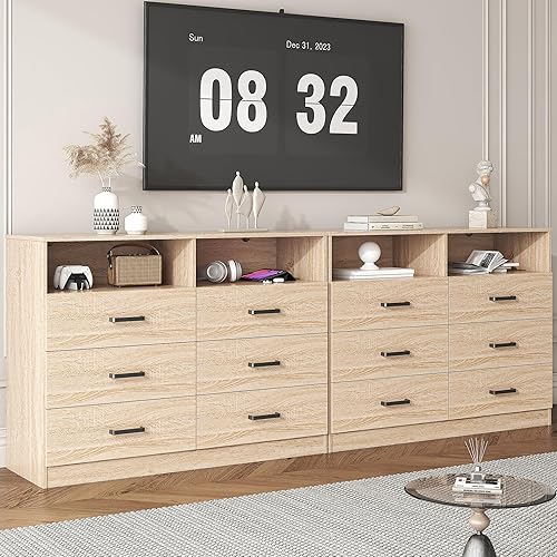 Miniatura 7 de Bigbiglife Cómoda de madera para dormitorio, cómoda de 6 cajones con almacenamiento semiabierto, doble cómoda para sala de estar, entrada, roble