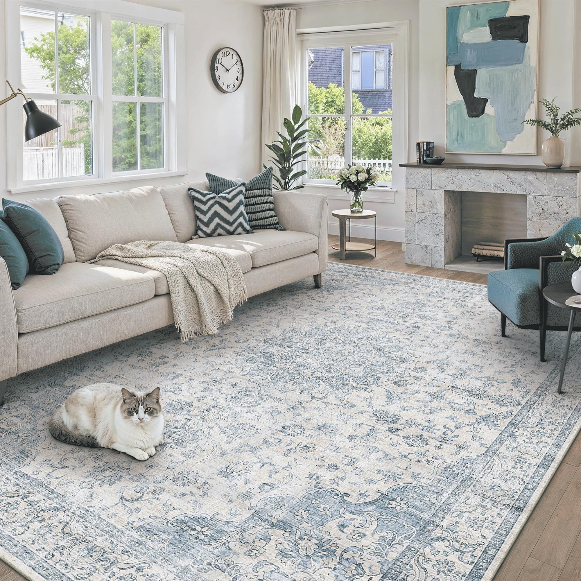 PureCozy 7x9 Area Rug Washable Neutral Blue Vintage Floral — image 1