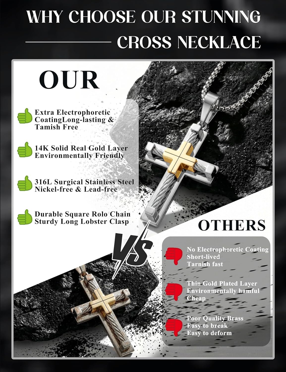 sailimue Cross Necklace for Men Stainless Steel Cross Pendant Necklace Silver Black 14K Gold Plated Unique Square Rolo Chain Crucifix Necklaces Religious Christian Jewelry Gifts for Men 22 24 Inches
