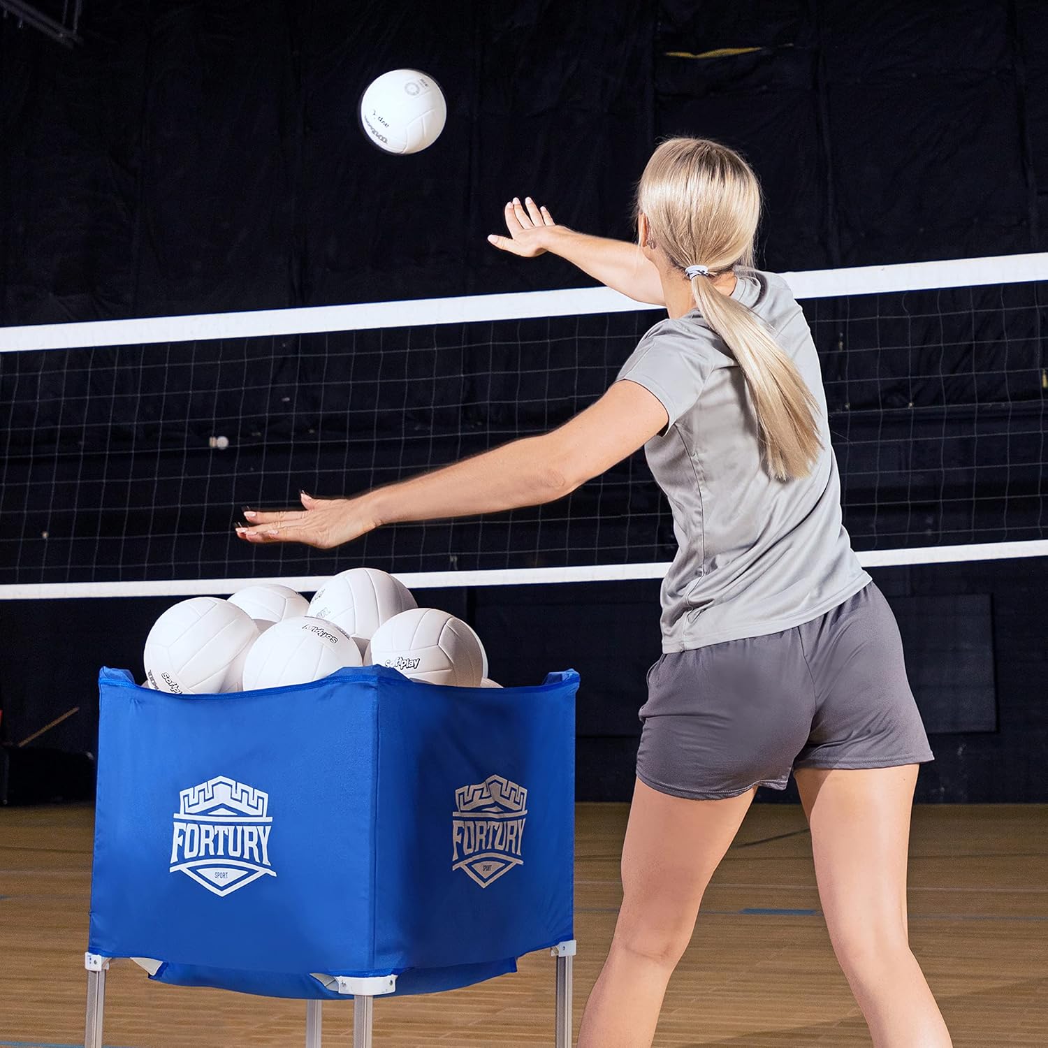 Portable Volleyball Cart on Wheels Ball Cart Collapsible Volleyball Ball Cart Garage Ball Storage (Blue)