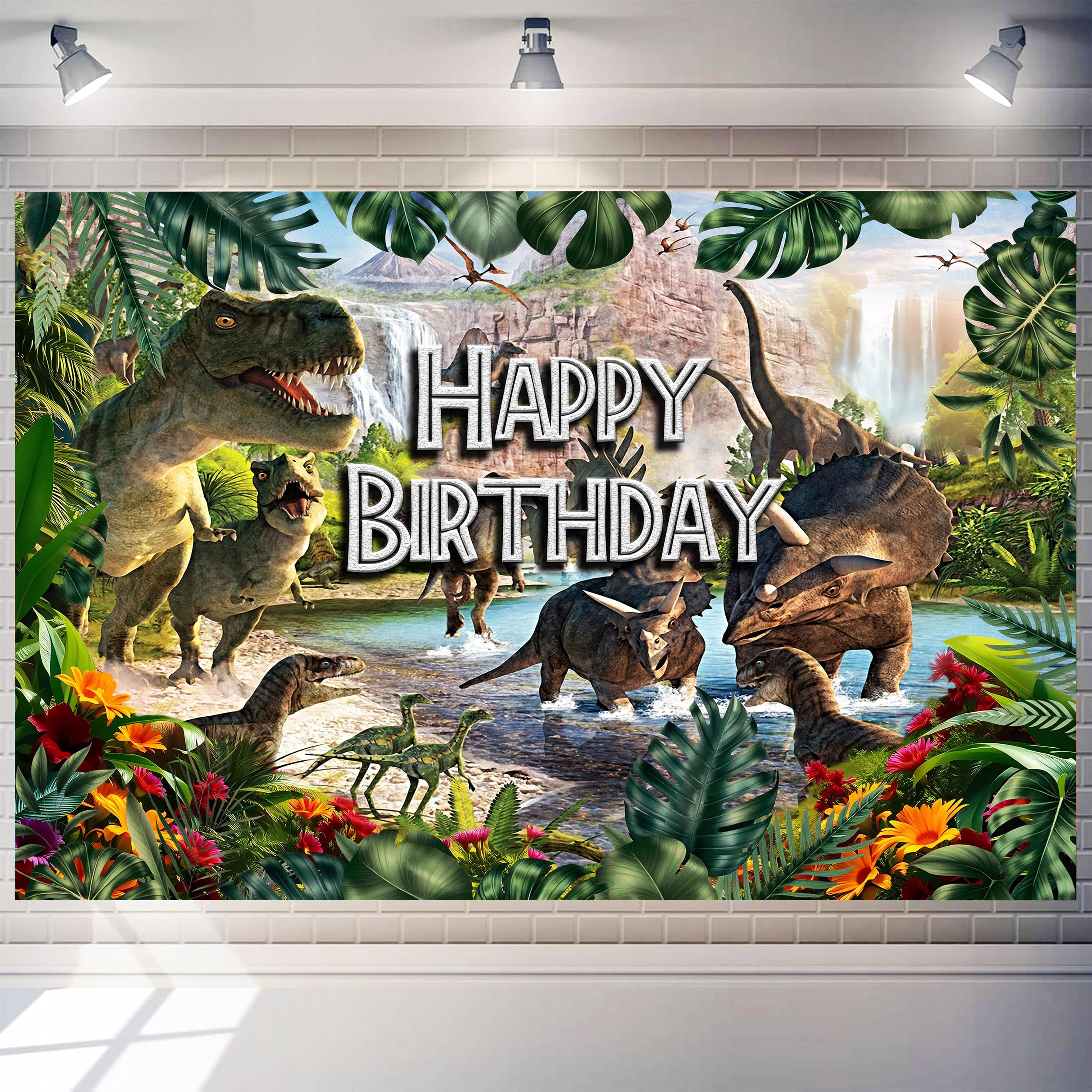 Art_Angels Dinosaur Birthday Decorations Backdrop 7 x 5 ft Tropical Jungle Forest Wild Animal Dino Background Kids Boy Girls Happy Birthday Banner