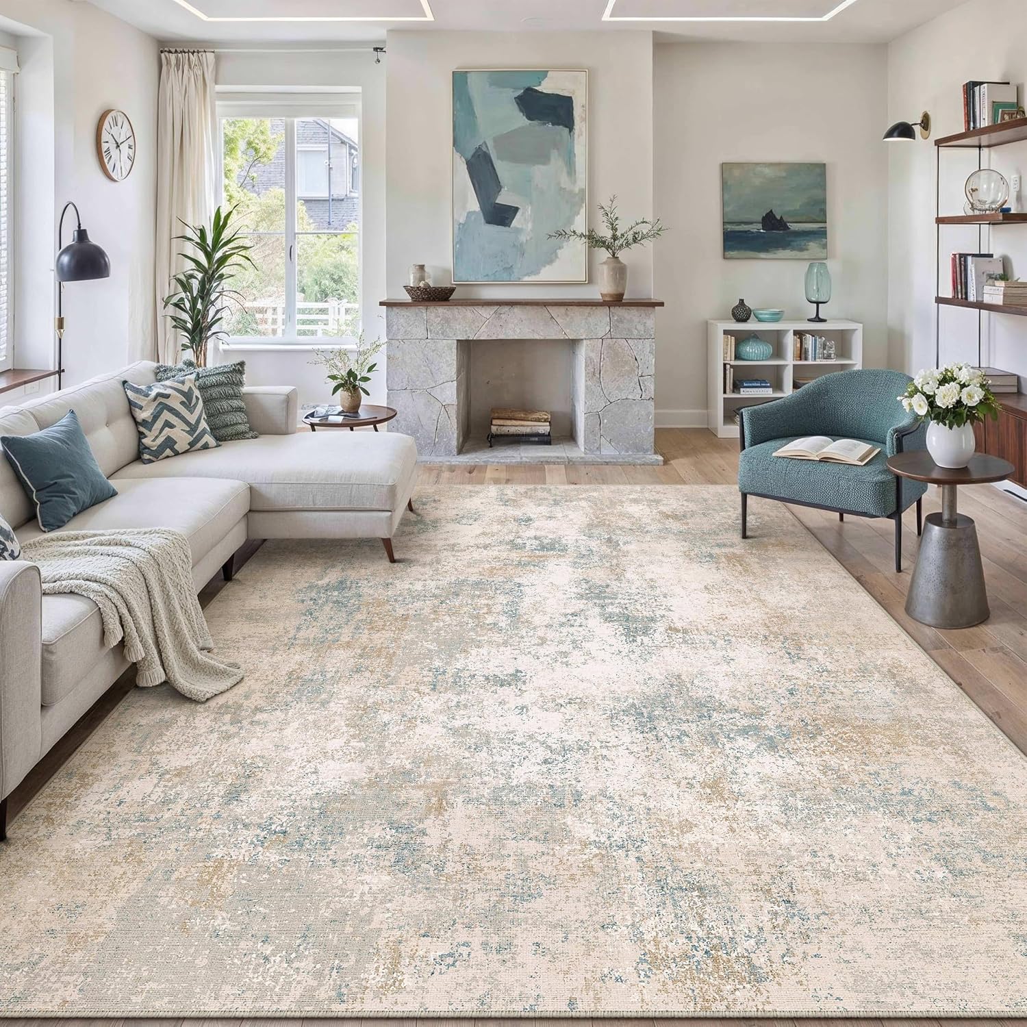 PureCozy Abstraktes Teppich Wohnzimmer 200x300cm rutschfest Kurzflor Kunstwolle Schlafzimmer Teppich Waschbar Minimalistisch Bettvorleger Teppiche für Wohnzimmer Schlafzimmer Indoor,Beige&Bl