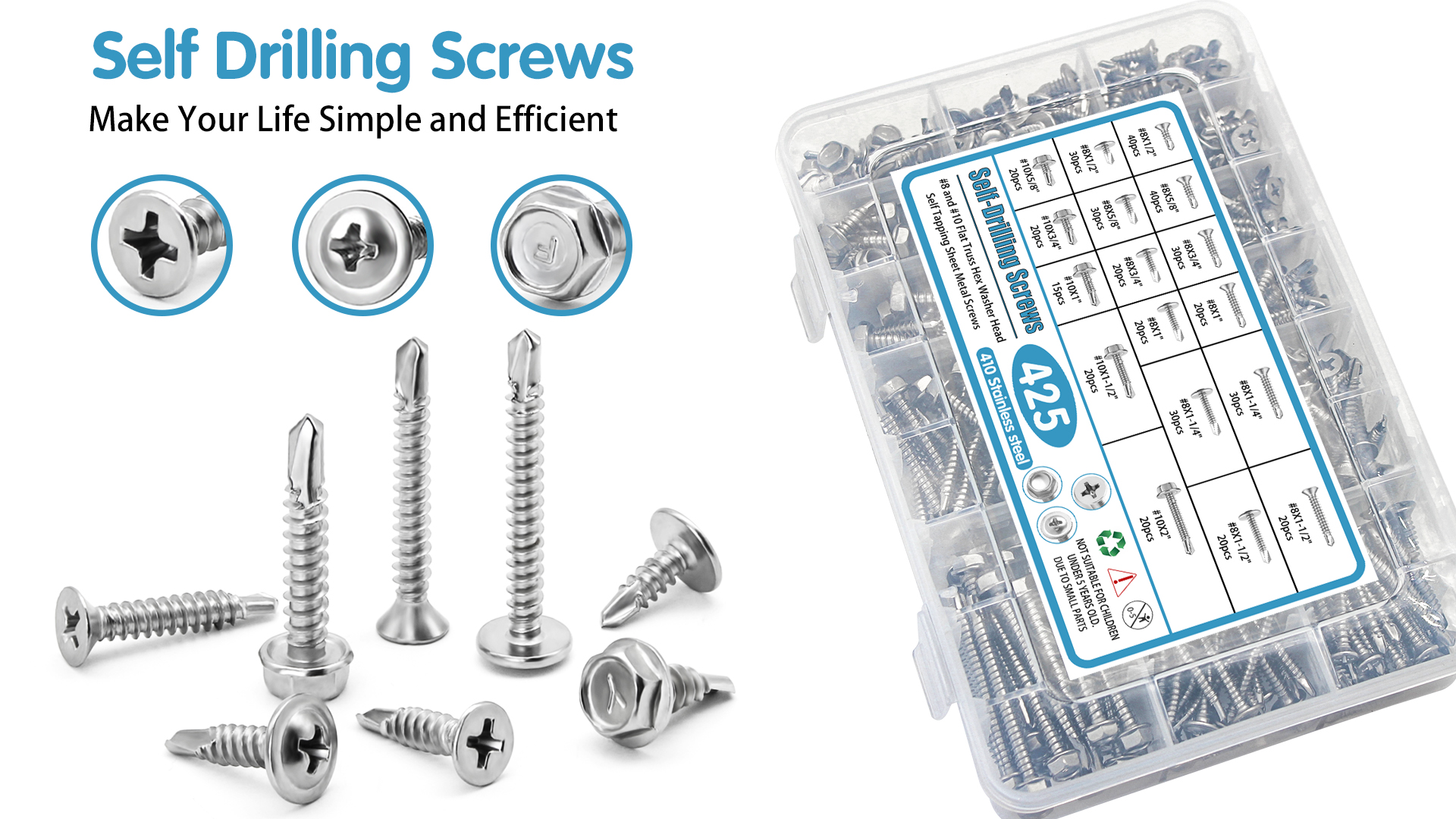 Mxuteuk 200-Piece #8×3/4" Self-Tapping Screws – 410 Stainless Steel, Hex Washer Head, With Magnetic Socket Driver