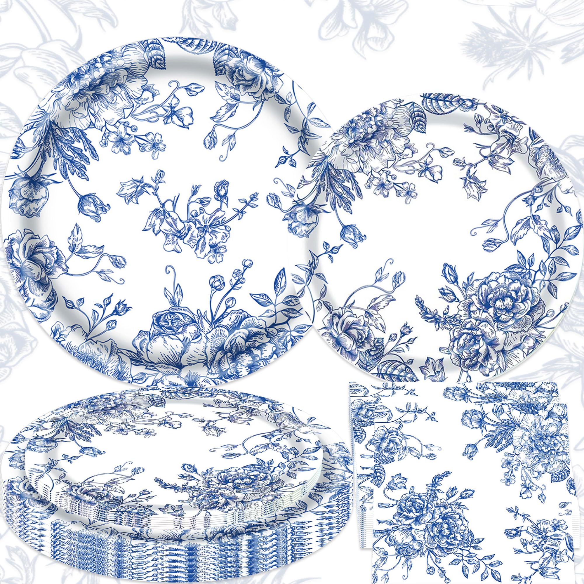 Blue White Floral Plates Napkins Flower Vintage Floral Plate