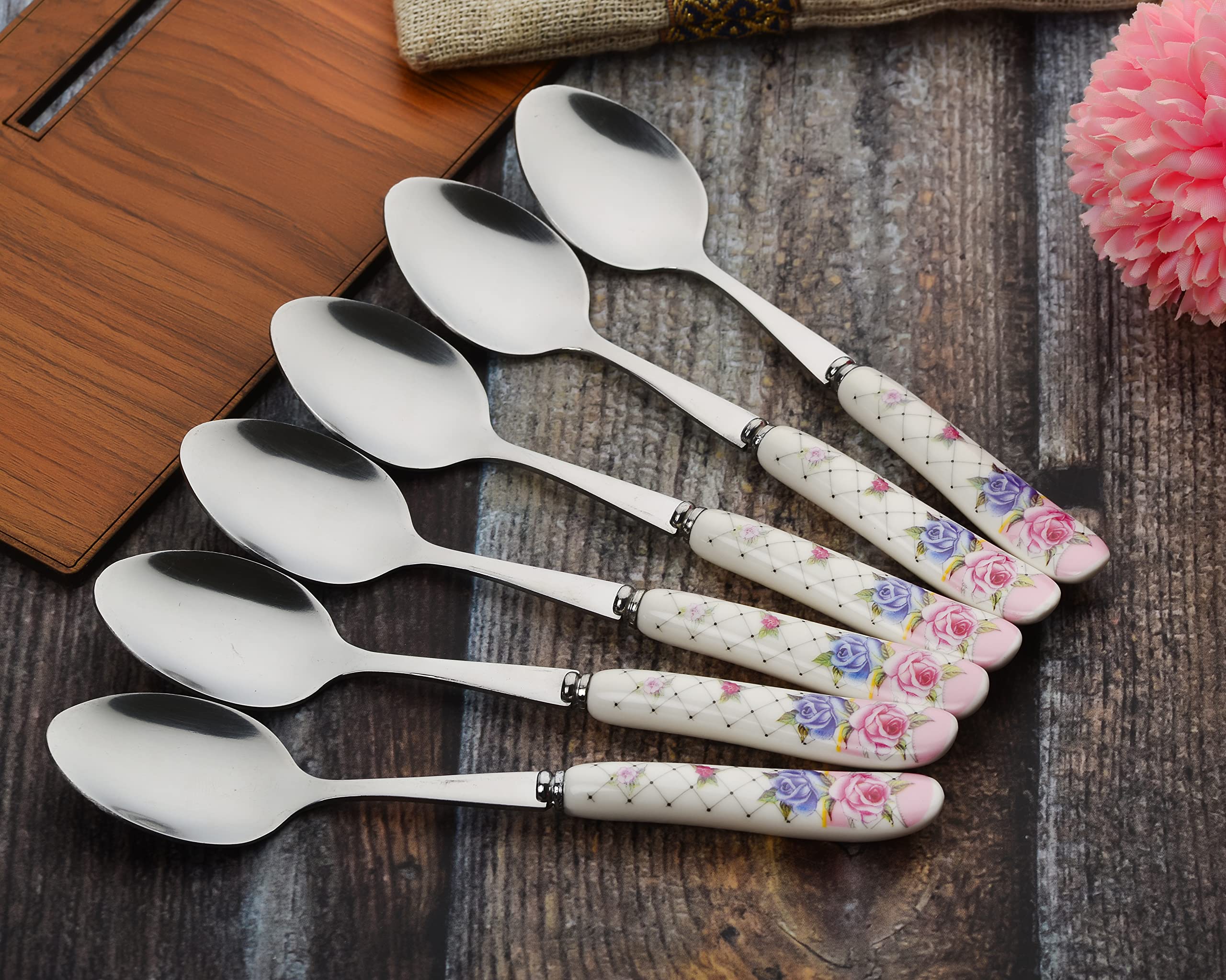 MGeezz Floral Stainless Steel Spoons Set Home & Restaurant Dinner Table Spoon With Ceramic Handle Chamach (Floral Small Spoons,Set Of 6), 23 Centimeters 1