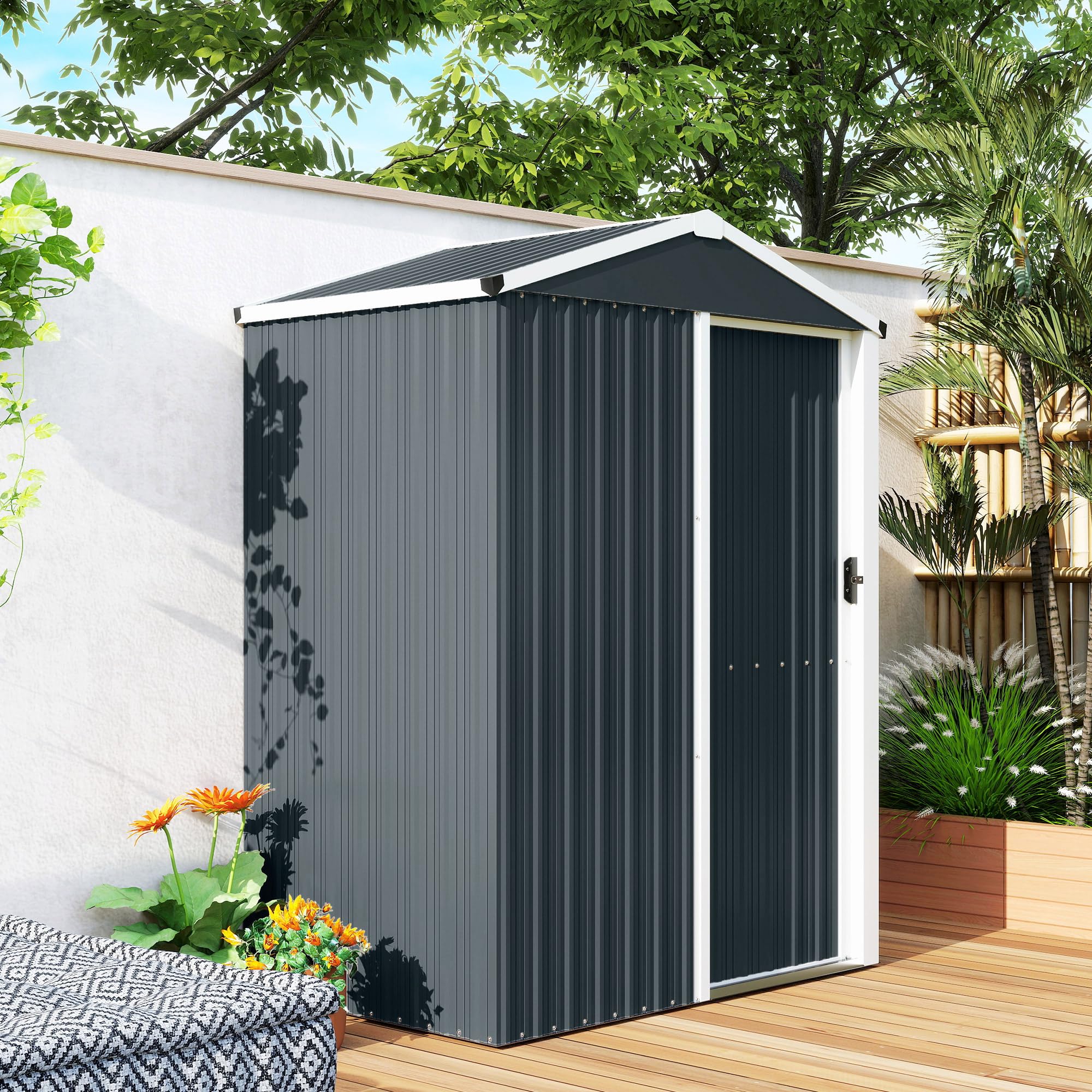Outsunny Caseta de Jardín Exterior 1,1 m², 136x87x179 cm, Cobertizo de Jardín Exterior Metálico con Puerta Corredera, Techo Inclinado y Guantes, para Almacenaje de Herramientas, Gris Oscuro — view 9