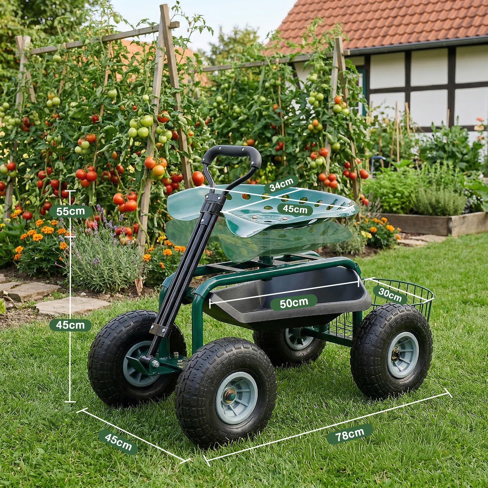 Sekey Gartenrollsitz mit Griff & Ø 25,5cm Reifen - Fahrbarer Rollsitz für Gartenarbeit bis 180kg - 360° Drehbarer Gartensitz zum Ernten & Beschneiden - Gartenhelfer mit Korb für Hof & Garten