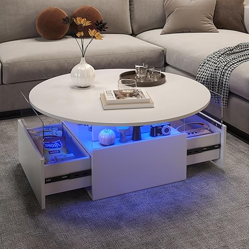 Mesa de café redonda de 31.5" para sala de estar, mesa moderna de sala de estar con LED y almacenamiento, mesas de café cuadradas de acrílico con 2