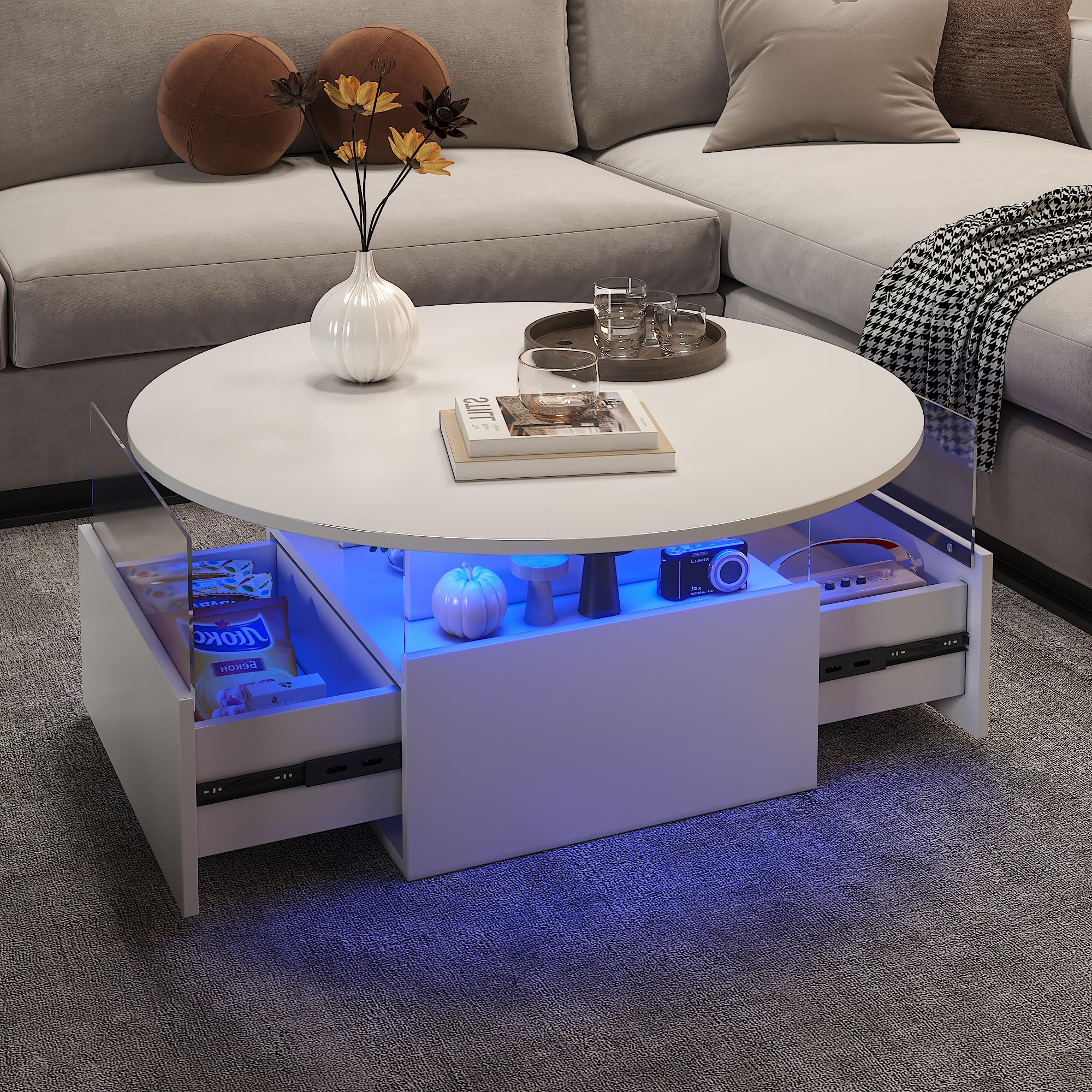 KEEPREAPER Round Coffee Table for Living Room, LED Modern Living Room Table with Storage, Square Acrylic Coffee Tables with 2 Sliding Drawers, Center Table for Reception Dinning Room, White