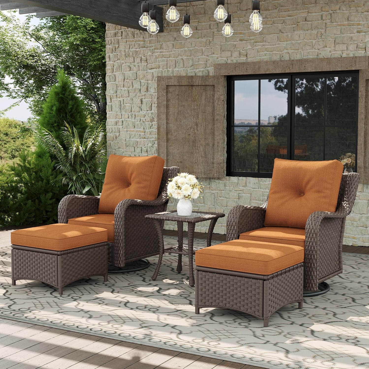 5 Piece Patio Furniture Set, All-Weather Wicker Outdoor Conversation Set with Swivel Rocking Chair and 6 Inch Thick Cushions