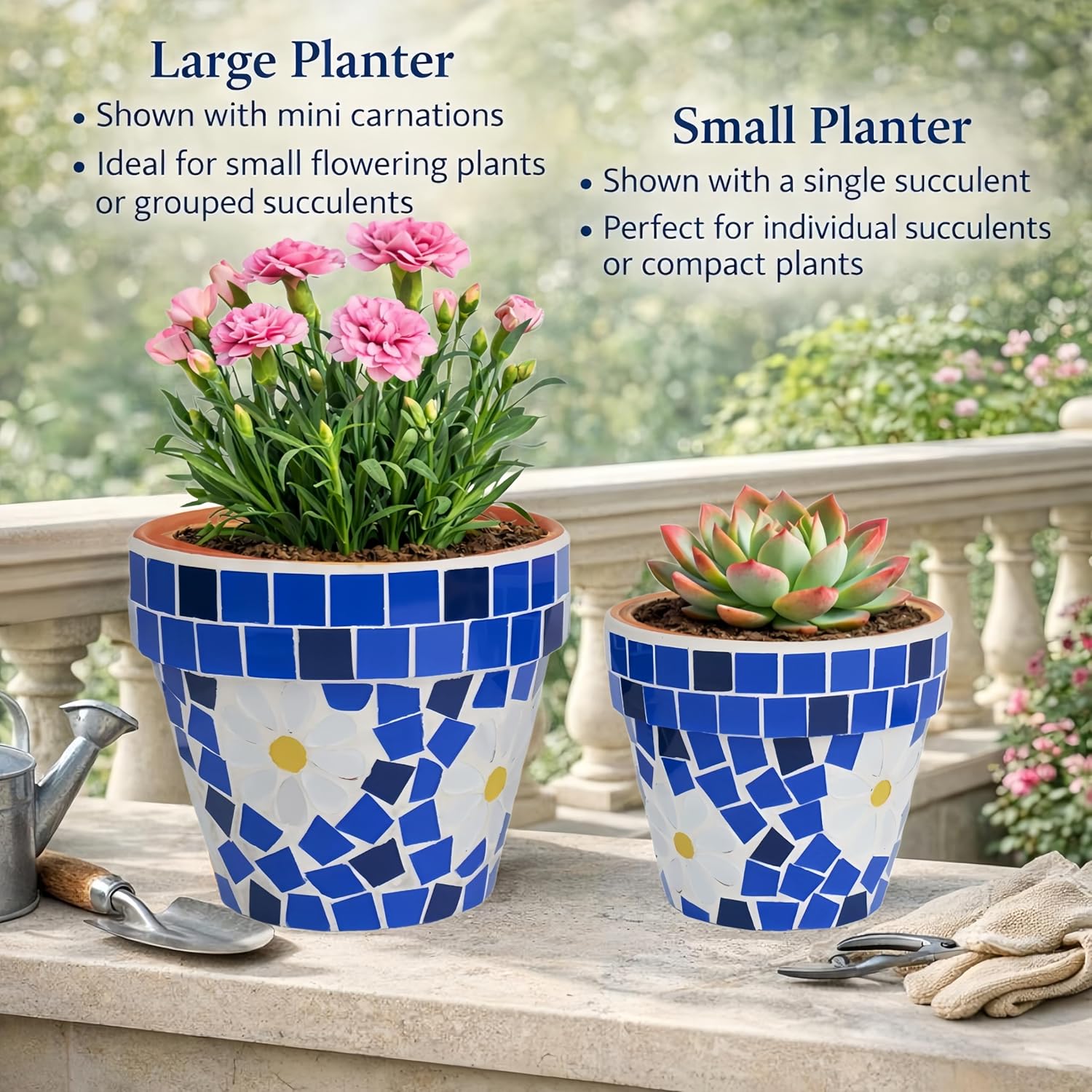 Mosaic Terracotta Planter Set (2 Pack), Handmade Glass Mosaic Terracotta Flower Pots with Drainage Plug, Blue and White Daisy Design, Decorative Planters for Indoor & Outdoor Use, Windowsill, Balcony