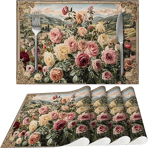 Miniatura 23 de Juego de 4 manteles individuales de tela vintage rosa para mesa de comedor, manteles individuales rectangulares de tela Rosa Vintage,Oso y