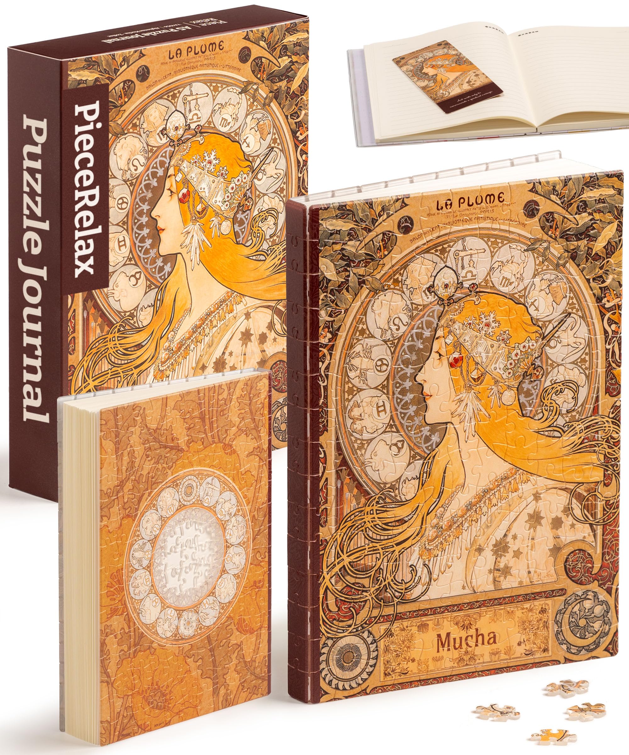 PieceRelax Puzzle Journal for Adults - Alphonse Mucha - Zodiac Unique A5 Book Cover Puzzles Gift & Home Décor with Plastic Jigsaw Puzzle Artwork for Notebook [YA1056]