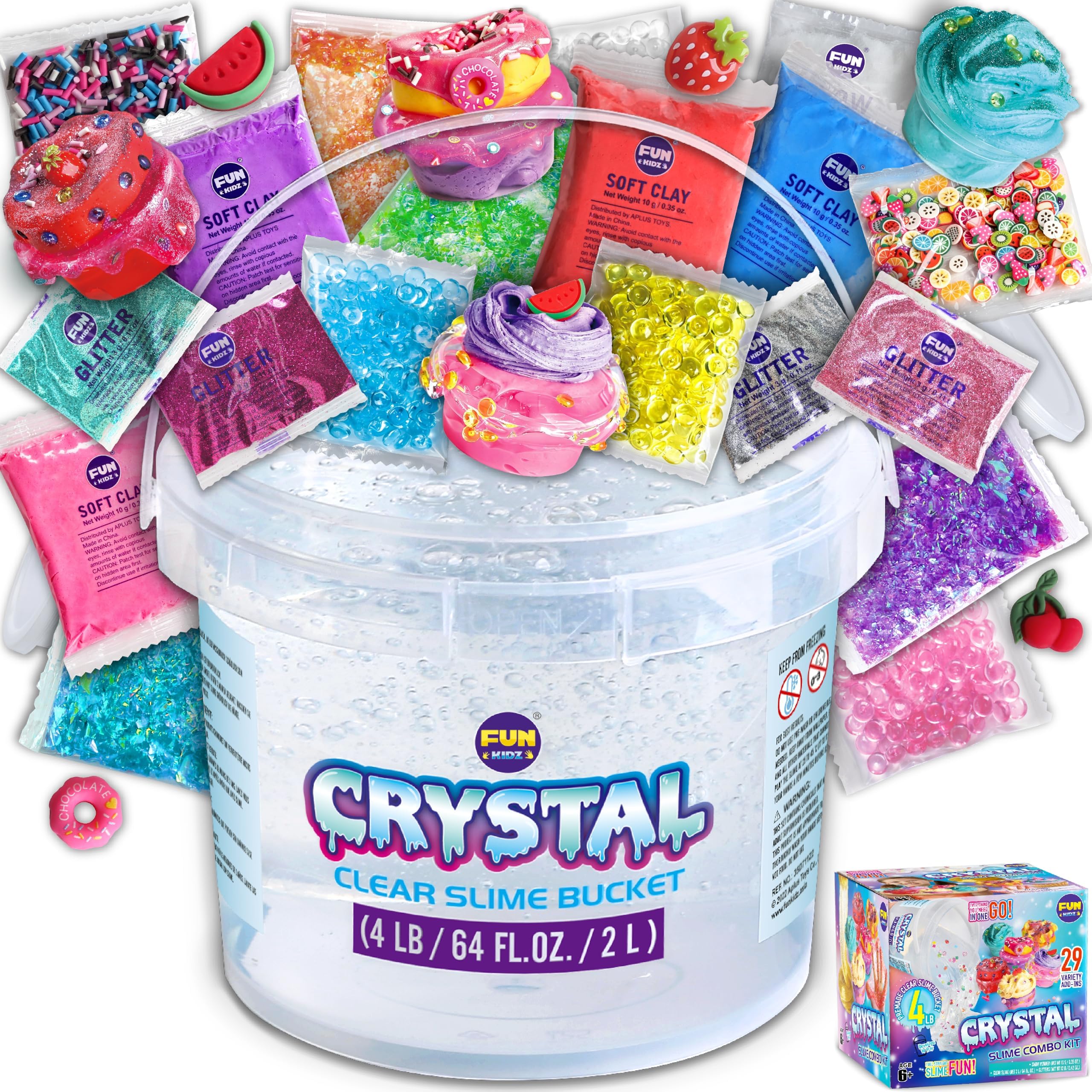 4 LB Huge Glassy Clear Slime Bucket Toy for Kids, FunKidz 64 FL OZ Premade Big Crystal Slime Pack Gift with 29 Sets Add-ins Jumbo Slime Kit for Girls Boys Party Present