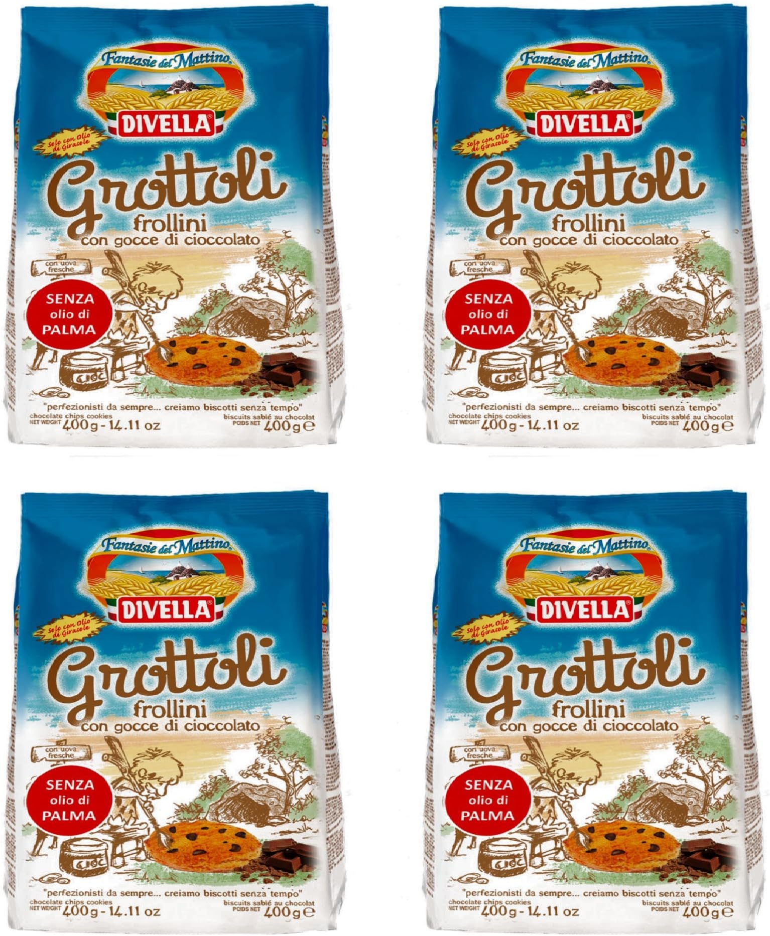 Divella: "Grottoli" Biscuits with drops of Chocolate 400g Packages (Pack of 4) [ Italian Import ]