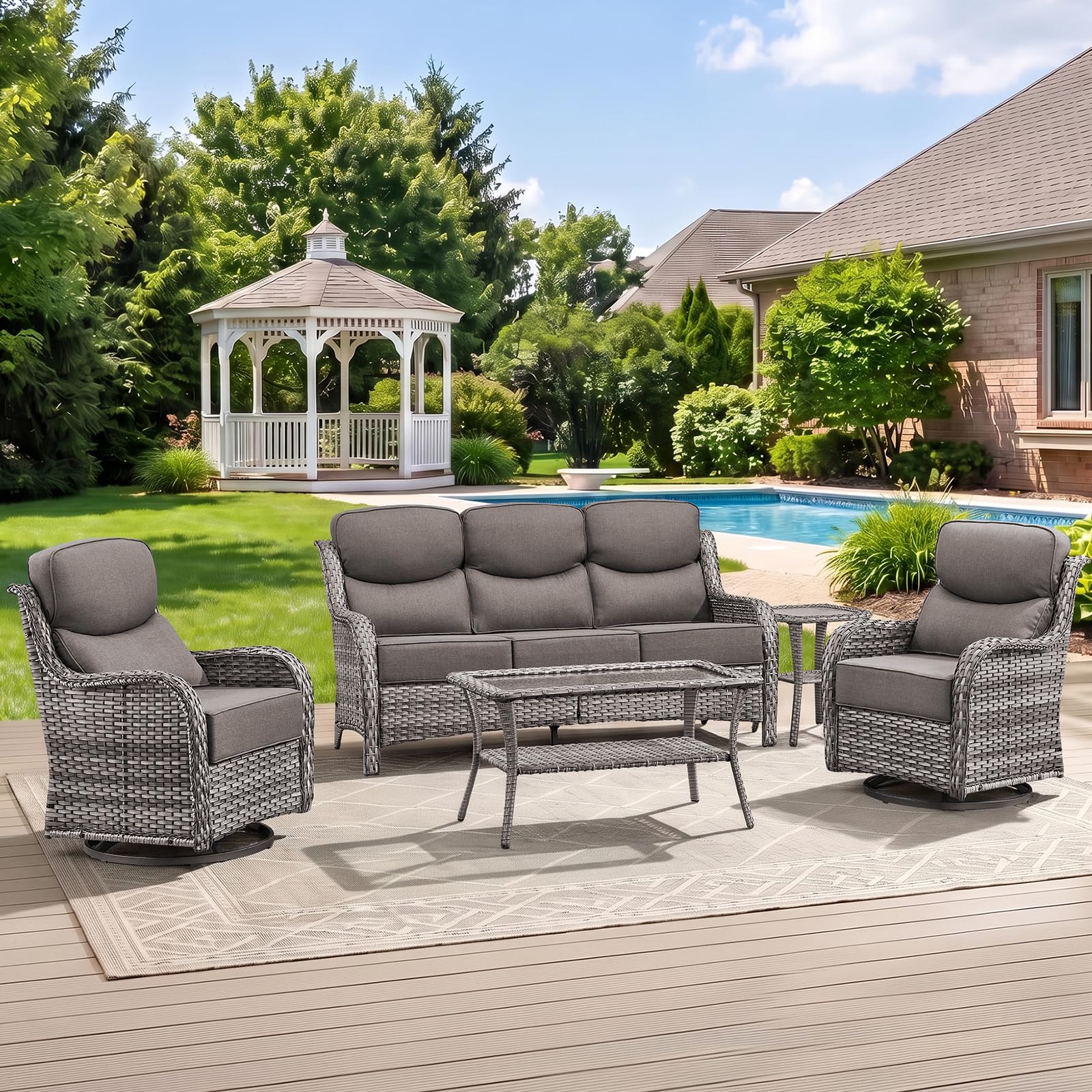 Swivel Patio Chairs sofa Set of 5 with 6" Thick Cushion - Wicker Outdoor Swivel Rocker Patio Chair ,Sofa/Glass coffee table, High Back Comfortable Outdoor Glider Chairs - Grey Wicker | Grey Cushions