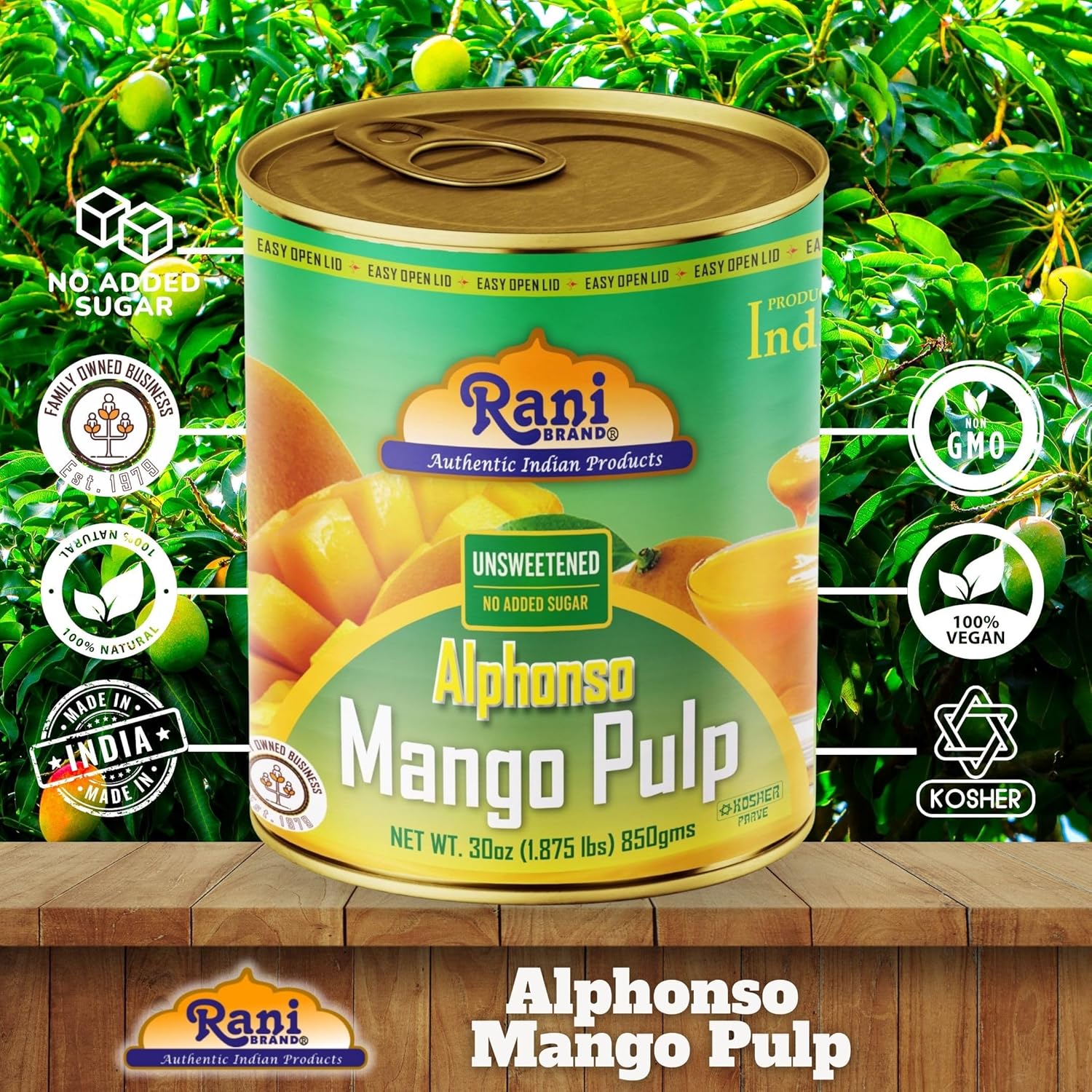 Rani Mango Pulp Puree (Makes Mango Lassi Shakes) Alphonso Unsweetened 30oz (1.875lbs) 850g Pack of 2 ~ Kosher | All Natural | NON-GMO | Vegan | No colors | Gluten Friendly | Indian Origin