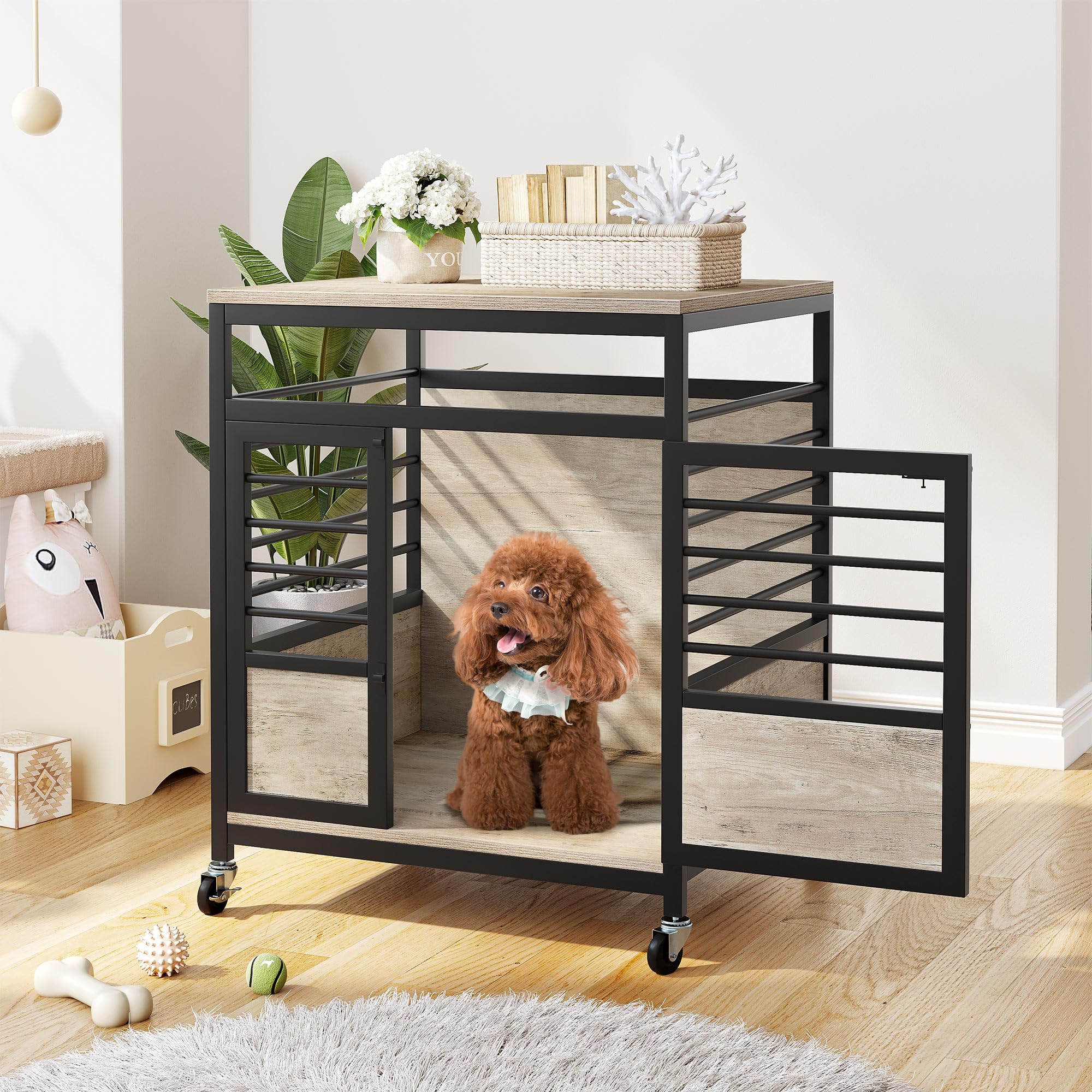 DWVO Dog Crate Furniture, 24 Inch Dog Kennel Indoor Furniture End Table Dog Crate for Small Dogs, Modern Decorative Dog Crate Wooden Dog Crate Furniture with Wheels, Chew-Resistant, Grey