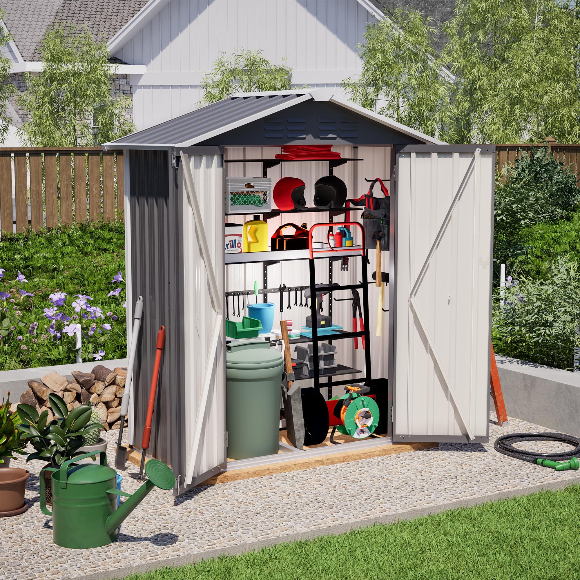 Armario de jardín de metal, 154 x 83 x 180 cm, con orificios de ventilación, incluye base de metal, puerta con cerradura, resistente a la intemperie, cobertizo para herramientas de jardín (gris)