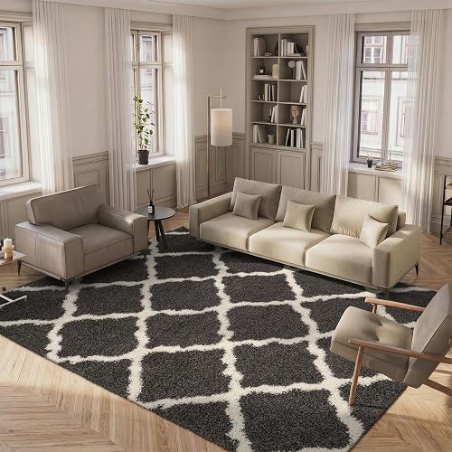 SAFAVIEH Area Rug 8x10 - Dallas Shag Collection - Large - Dark Grey & Ivory, Trellis Pattern, Non-Shedding & Easy Cleaning, Plush Thick Pile, Ideal for Living Room, Bedroom, Dining Space (SGD257A)