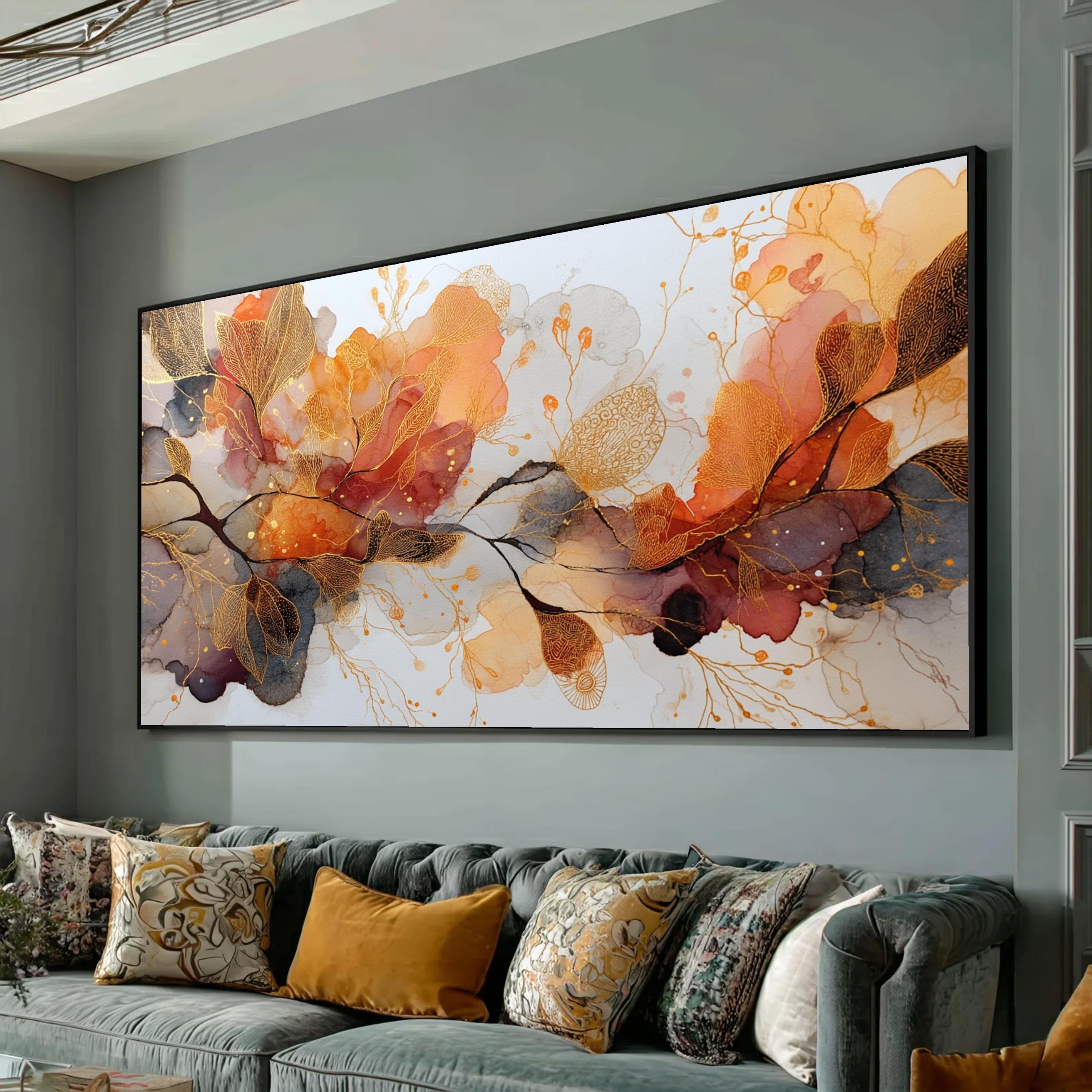 TONGYINLI Abstract Autumn Leaves Canvas Wall Art, Golden Botanical Print, Nature Home Decor, Floral Canvas Painting(30x50cm/Frameless)