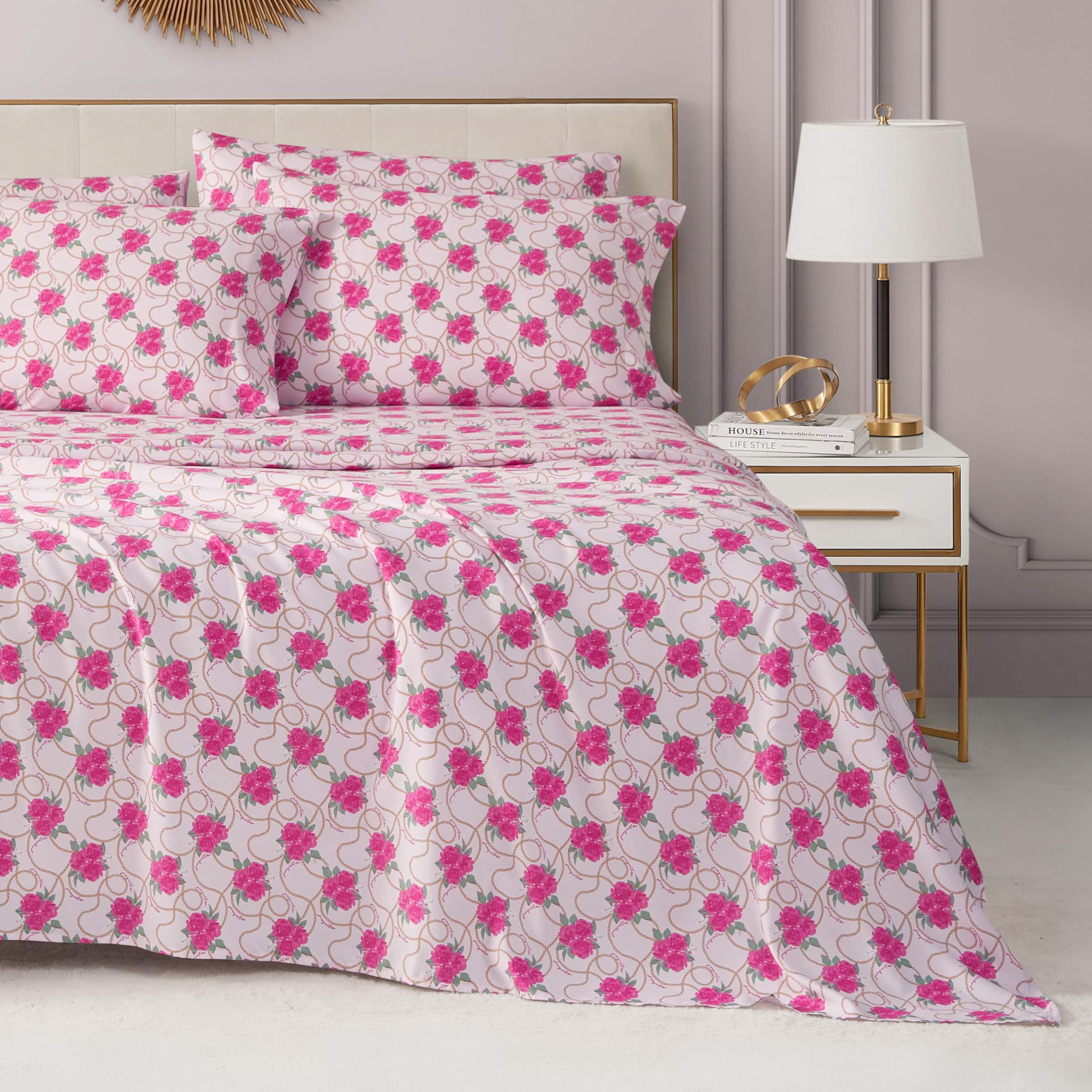 Juicy Couture Printed Microfiber 6-Piece Queen Sheet Set, Bianca Chain Floral Pink