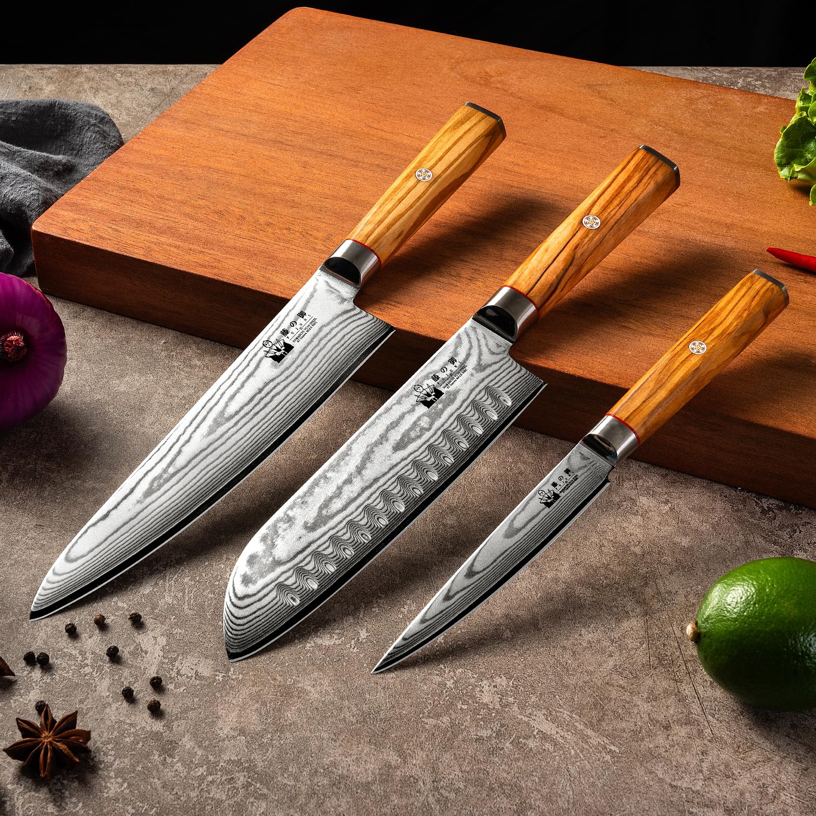 GRÄWE® - Set di coltelli damasco con manico in legno duro, inclusa molettina abrasiva grana 400/1000