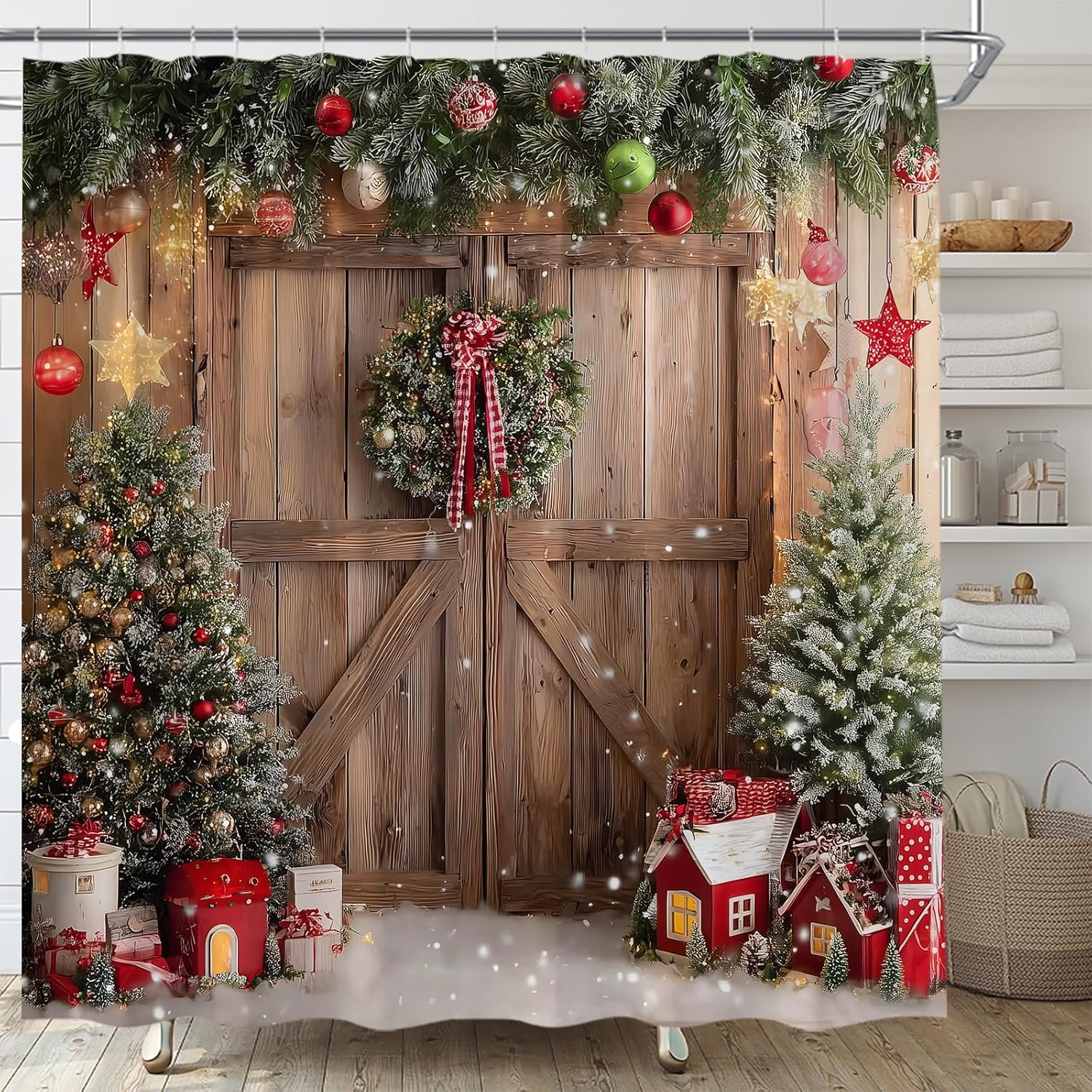 Christmas Shower Curtain Rustic Barn Door Vintage Farmhouse Christmas Tree Red Xmas Ball Wreath Wooden Door Winter Fabric Bathroom Curtain Decor Bath Set with Hooks(84" Wx70 H)