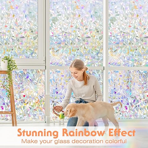 Miniatura 7 de Película decorativa 3D de privacidad para ventana, diseño de arco iris, película decorativa de vinilo anti rayos UV, estática, película no adhesiva