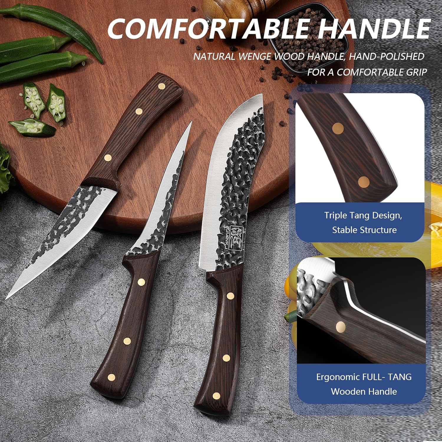 Professional 3PCS Butcher Knife Set, Very Sharp Meat Cleaver Knife & Boning knives with Knife Sheath, Meat Cutting knives for Home, Camping, BBQ Gift for Men
