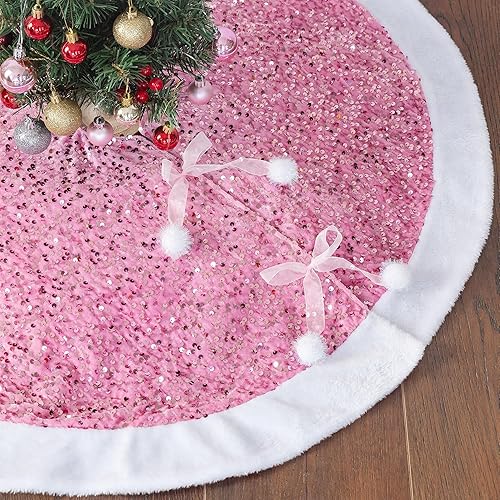 Falda para árbol de Navidad, cubierta de árbol de 36 pulgadas, lentejuelas brillantes rosas con purpurina, falda clásica para árbol de Navidad,