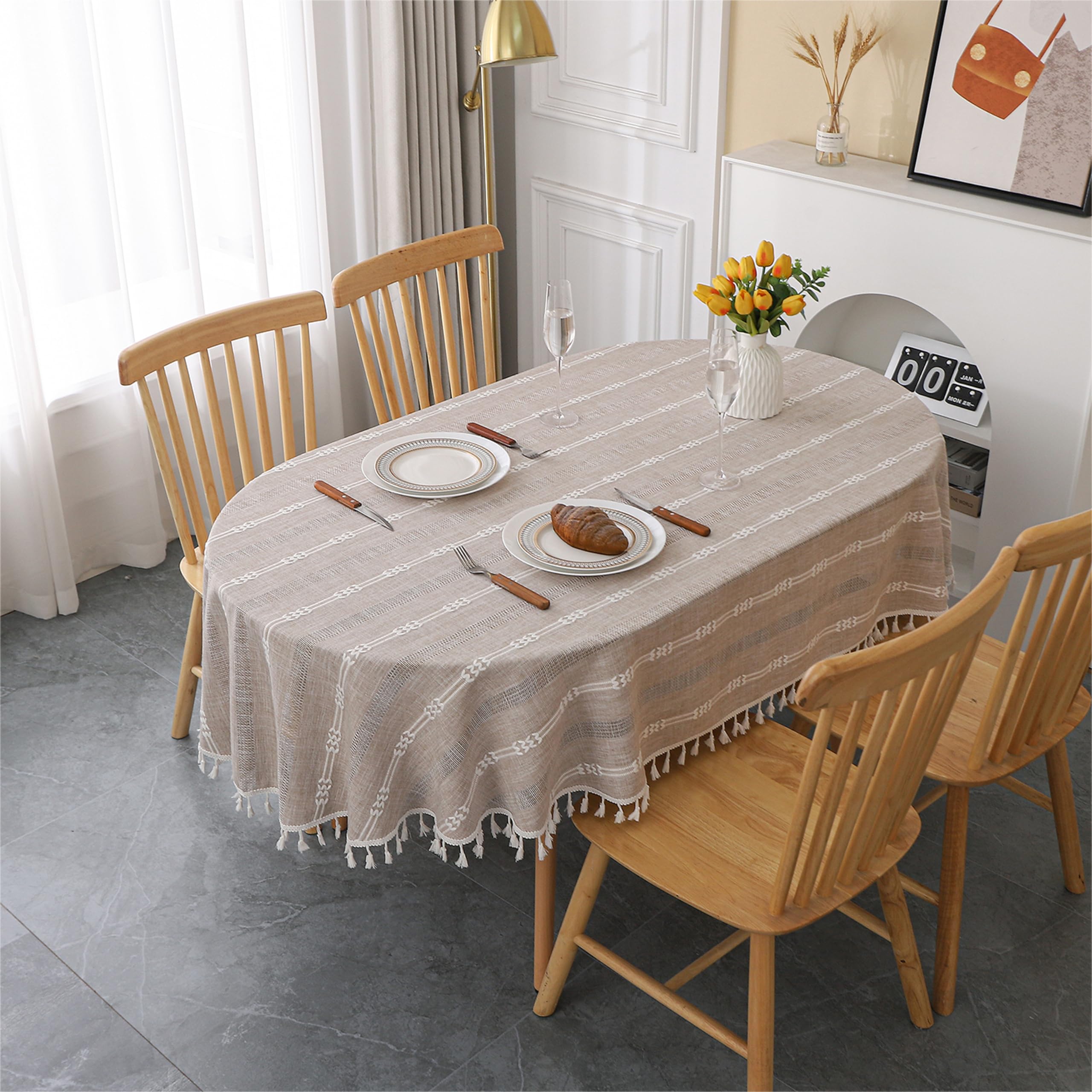 Gernaice Rustic Stripe Embroidered Oval Tablecloth Heavy Tassel Cotton Linen Table Cloth Wrinkle Free Washable Table Cover for Kitchen Dinning Party