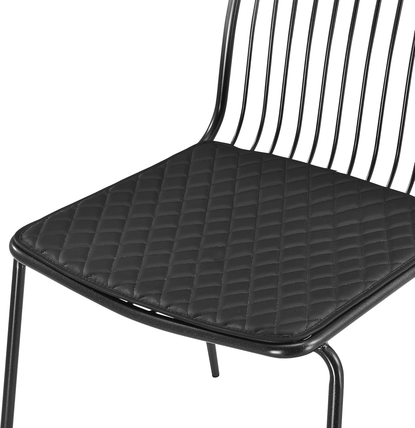 Close-up view of the diamond quilted black seat cushion on a Thomas Metal Chair.