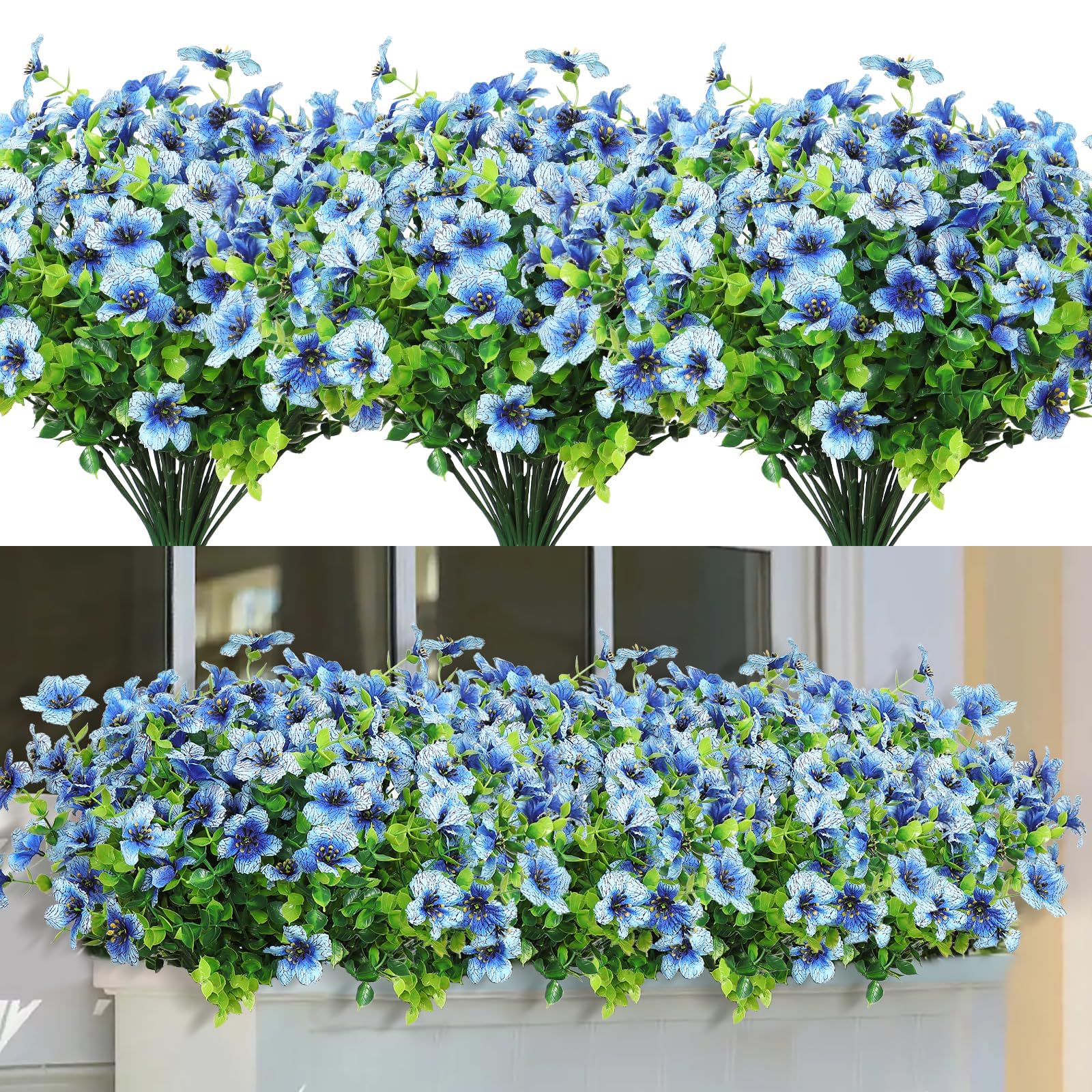 LOMOHOO8 Bundles Artificial Flowers Outdoor UV Resistant Fake Flowers No Fade Faux Plants Garden Porch Window Box Decorating (Blue)