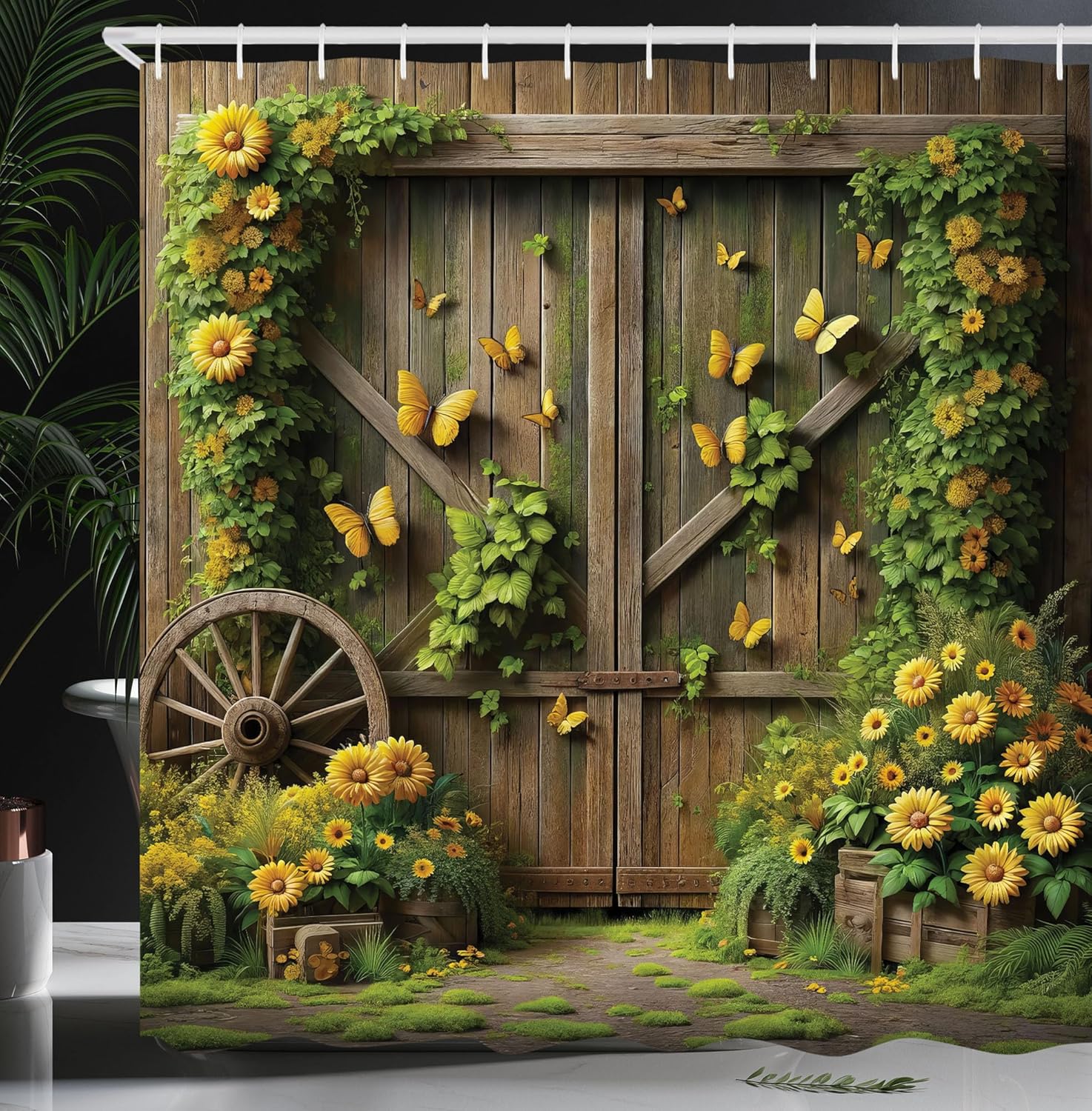 Ambesonne Rustic Shower Curtain, Floral Cottage Barn Door Summer Blooms Countryside Wooden Farmhouse, Cloth Fabric Bathroom Decor Set with Hooks, 69" W x 84" L, Fern Green Sepia and Yellow