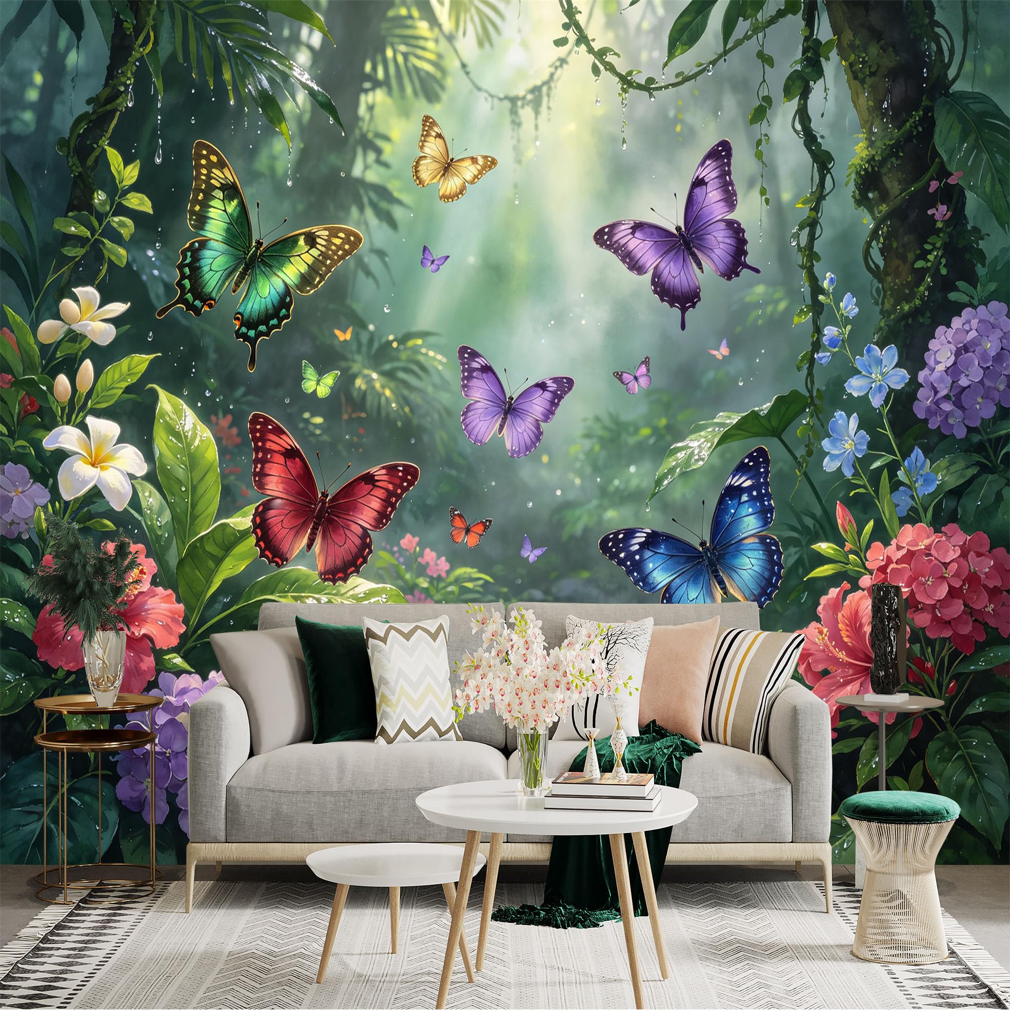 Lnzczhyre Bh260719619 Custom Size Wall Sticker Mural， Colorful Butterflies In Misty Tropical Forest， Exotic Flowers And Flowing Stream， For Wall Decoration， Peelandstick Wall Decals.