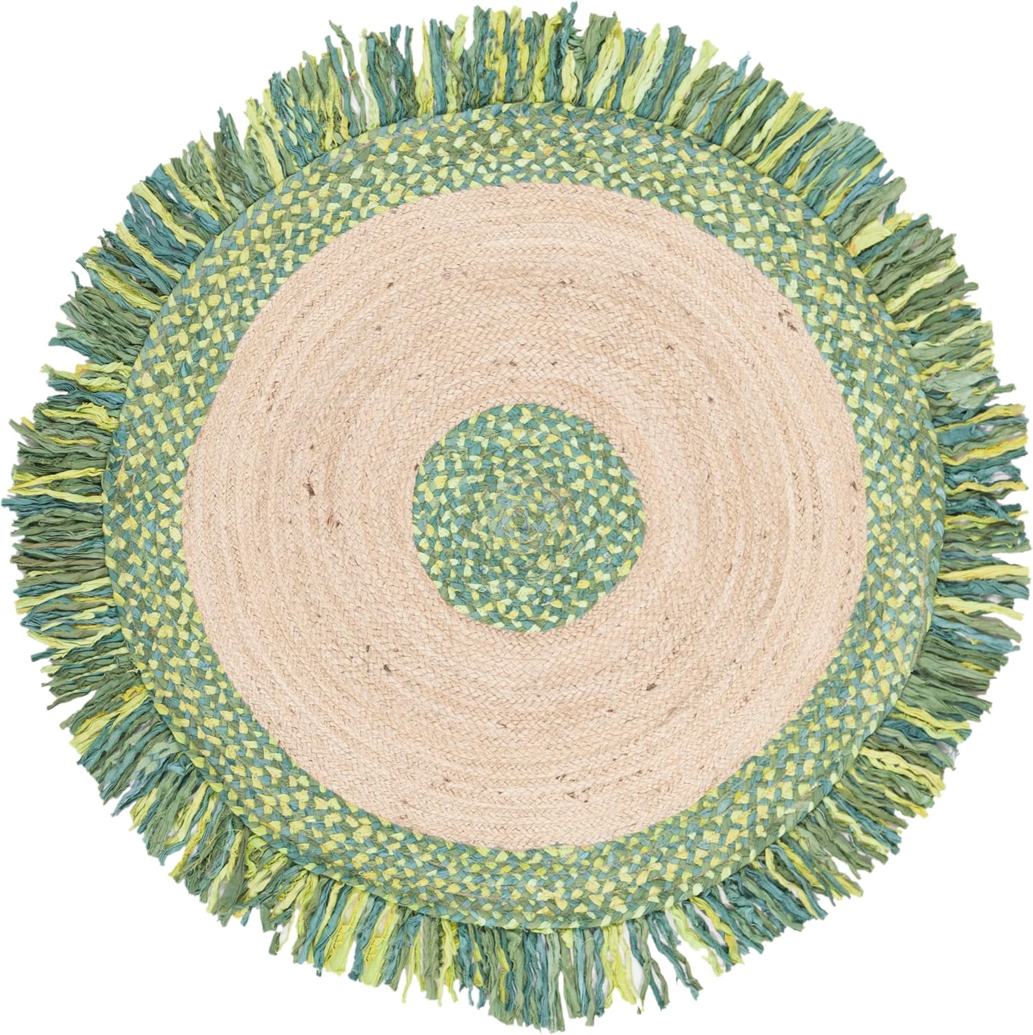 SAFAVIEH Cape Cod Collection Area Rug - 4' Round, Green & Natural, Handmade Boho Fringe Jute & Cotton, Ideal for High Traffic Areas in Living Room, Bedroom (CAP212Y)