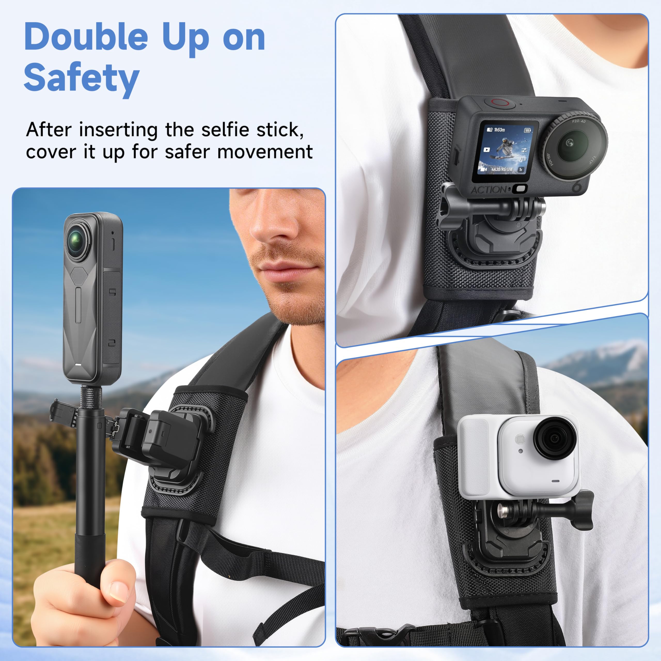 Selfie Stick Holster plecak Clip Mount dla insta360 X5 X4 Air dla gopro Hero 13 12 MAX 2 Pasek dla DJI Osmo 360 Akcja 6 5 Kieszenia 3 Akcesoria | Uchwyt kompatybilny z GoPro Lit Hero 13 12 MAX 2 |rzep do DJI Osmo 360 Action 6 5 Pocket 4 3