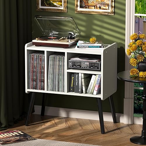 Mesa de tocadiscos, soporte para tocadiscos de mediados de siglo con almacenamiento de vinilo con capacidad para más de 150 álbumes, gabinete de