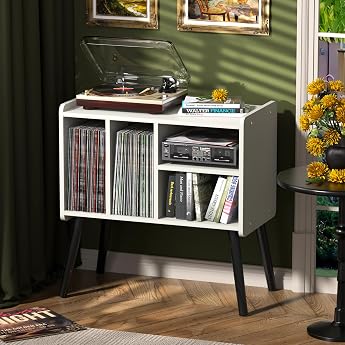 Mid-Century Turntable Stand with Vinyl Storage for up to 150+ Albums Vinyl Record Cabinet with Adjustable Shelves White