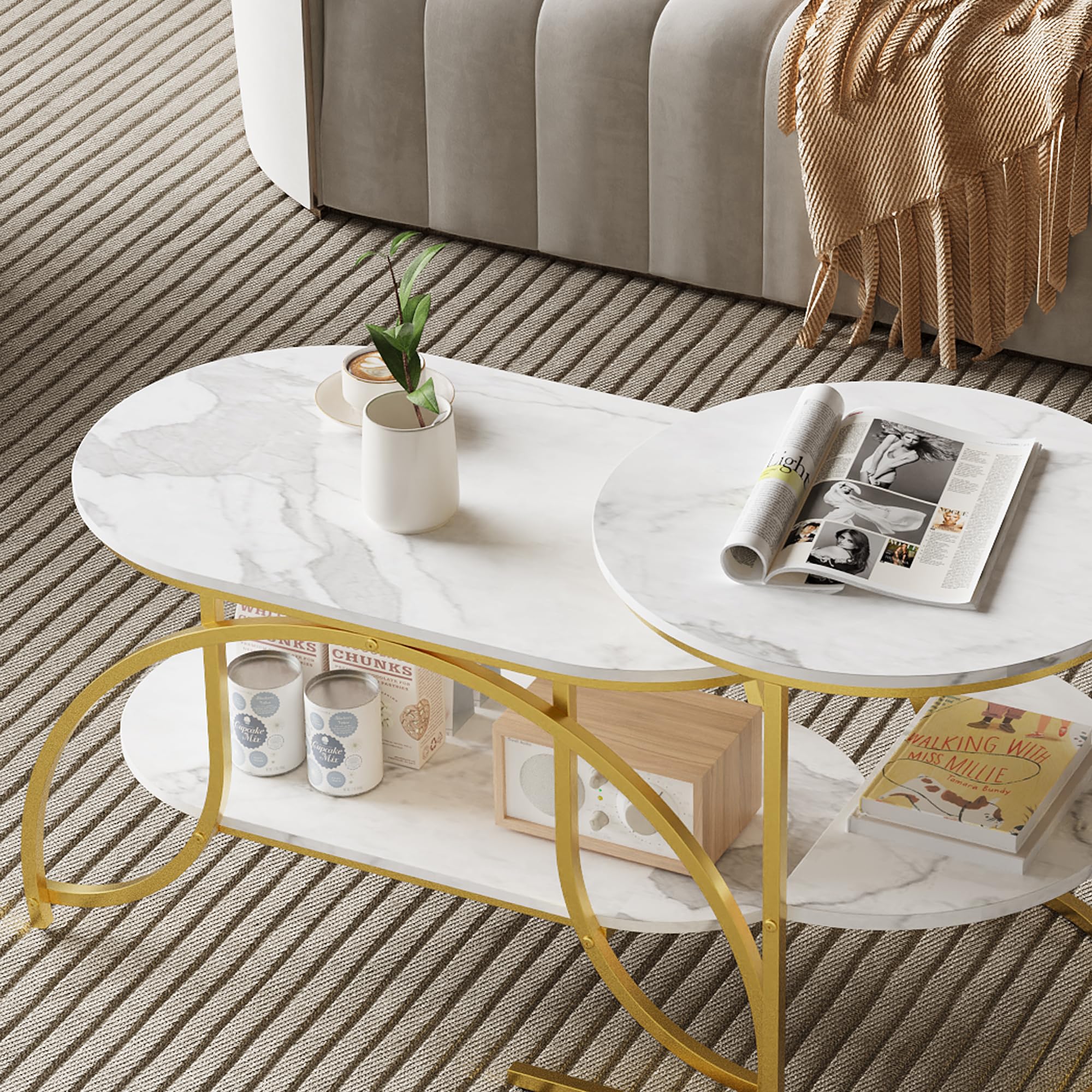 Set di 2 Tavolini da Caffè, Tavolini Sovrapponibili da Salotto Tavolini Rotondi da Caffè Tavolini da Salotto Effetto Marmo Bianco Tavolo Soggiorno Moderno Telaio in Metallo Gambe D'oro (Stile D)