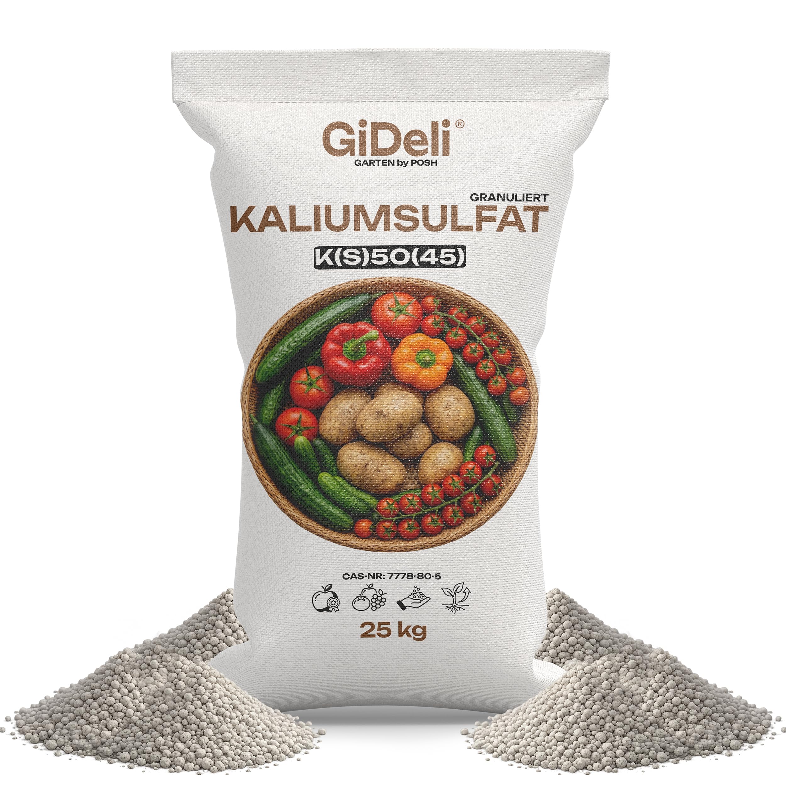 GiDeli Kaliumsulfat Granulat 25 kg Gemüsedünger Chlorfrei 50% K2O | Vorrat für große Flächen und Dauerbedarf, fördert Ertrag und Ausfärbung, für Kartoffeln Beeren und Obstbäume, streufertig