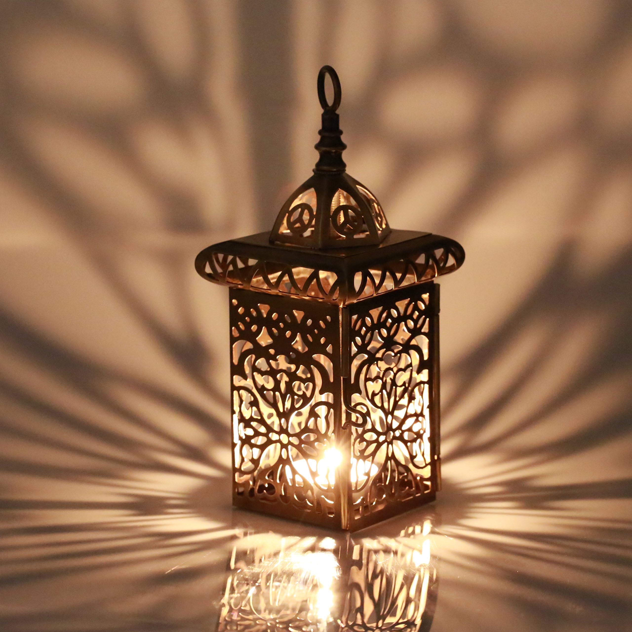 Moroccan Style Lantern with a Brass Antique Finish and Beautiful Arabic Pattern, 8 by 8 by 19cm high