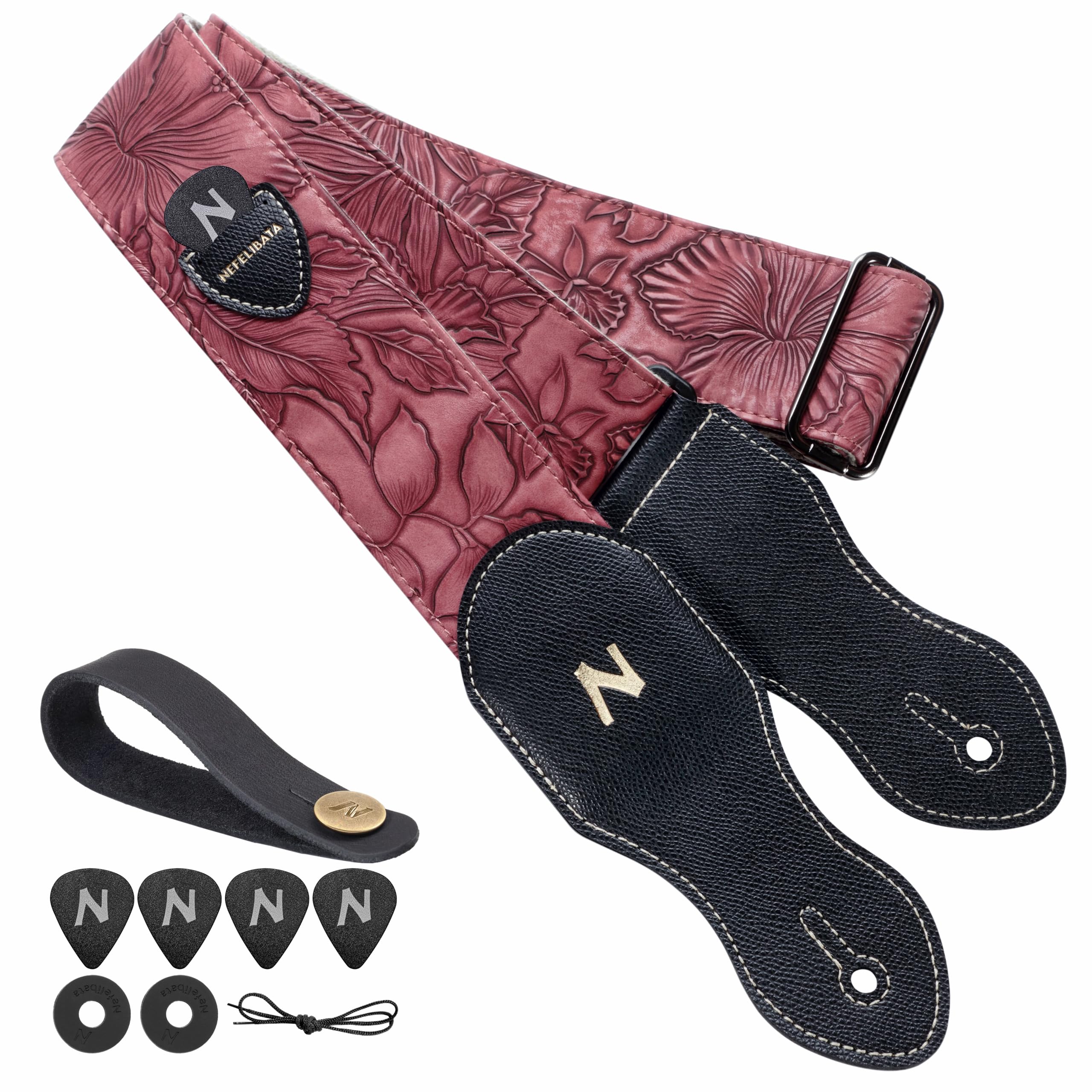 Nefelibata Correa de guitarra,2.3" de cuero tallado estilo Porter, púa de guitarra,botón de correa y cierre de correa