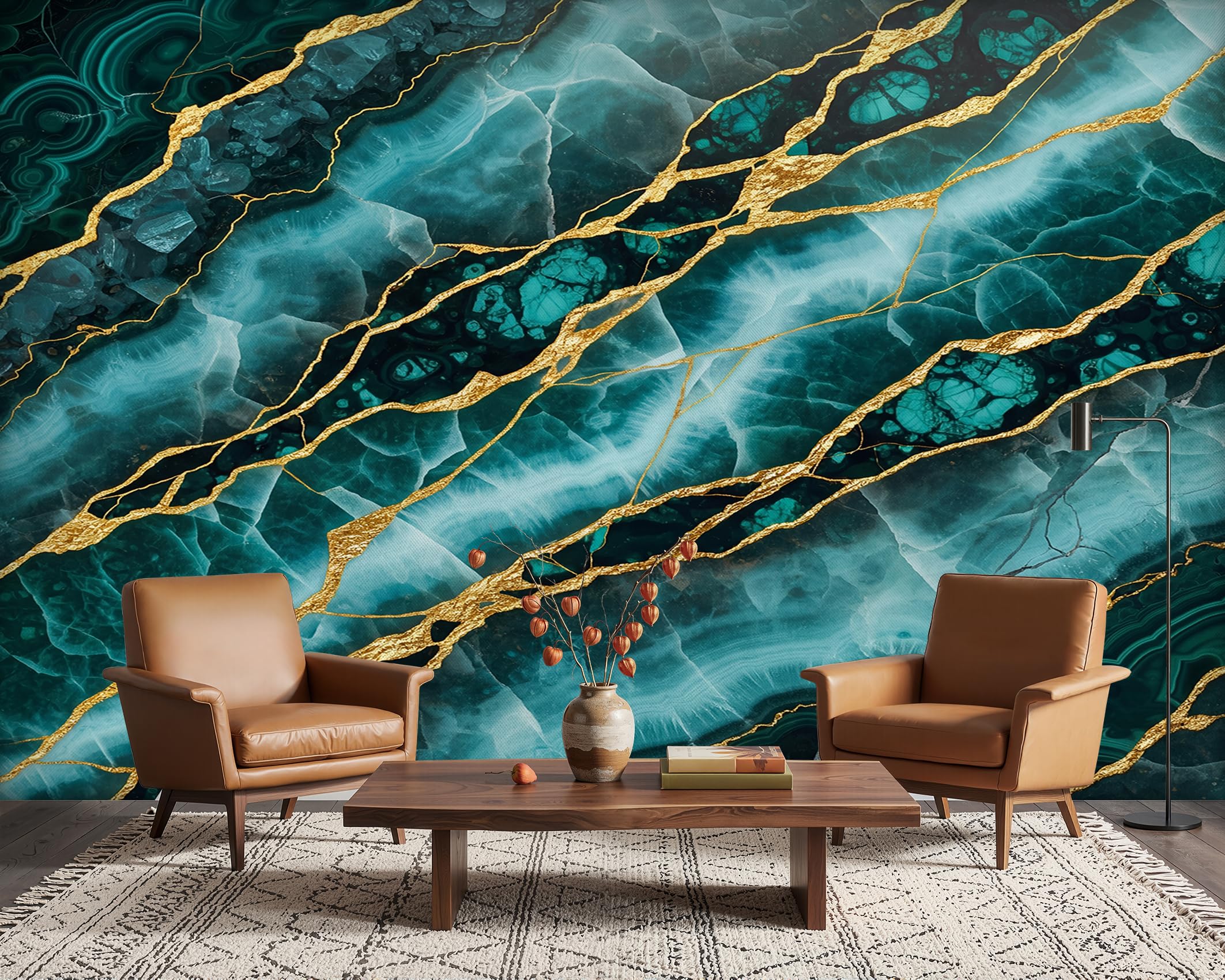 PaxGloz Teal and Gold Wallpaper, Teal Marble Wall Mural for Living Room & Bedroom, Non-Woven Decorative Wall Art 500x280 cm