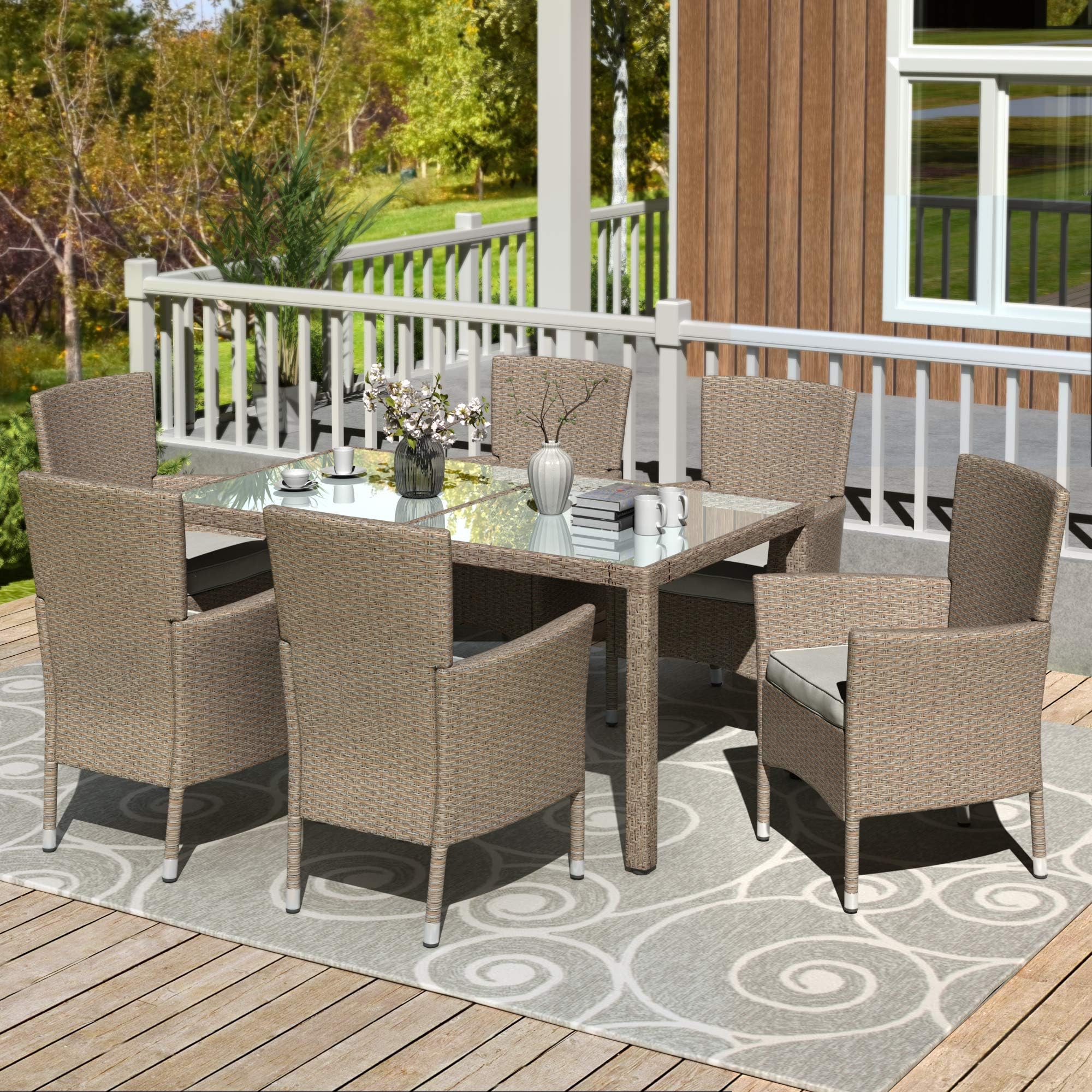 Harper & Bright Designs 7 Piece Patio Furniture Dining Set Outdoor Garden Wicker Rattan Dining Table Chairs Conversation Set (Beige-Brown)